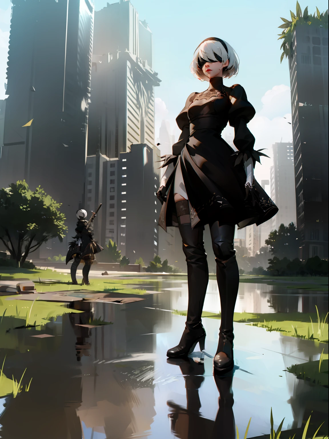 masterpiece, best quality, detailed face, extremely detailed, yorha no. 2 type b, 1girl, solo, absurdres, 8k, black blindfold, black dress, black hairband, blindfold, eye highlights blue sky, boots, building, city, cloud, covered eyes, debris, dress, feather-trimmed sleeves, feather trim, from below, gloves, grass, hairband, high heel boots, high heels, highres, juliet sleeves, katana, leather, leather boots, long sleeves, nier \(series\), nier automata, outdoors, overgrown, pod \(nier automata\), post-apocalypse, puddle, puffy sleeves, rubble, ruins, scenery, sky, thigh boots, thighhighs, thighhighs under boots, water