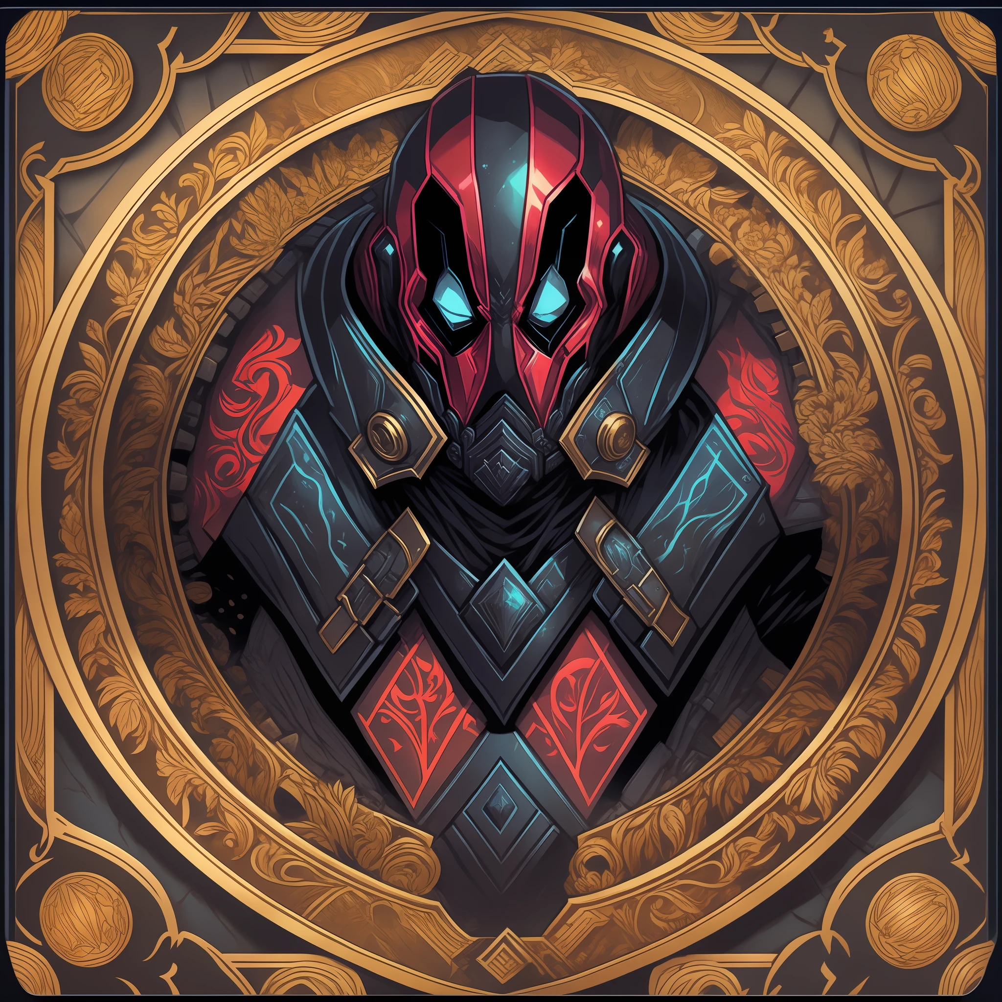 A game card and border design of [Deadpool] with decorated borders and icons, No estilo da Capcom, cores vibrantes, paleta de cores vermelho e preto, magia de fantasia, circunstanciado, intrincado, 8k, octan render