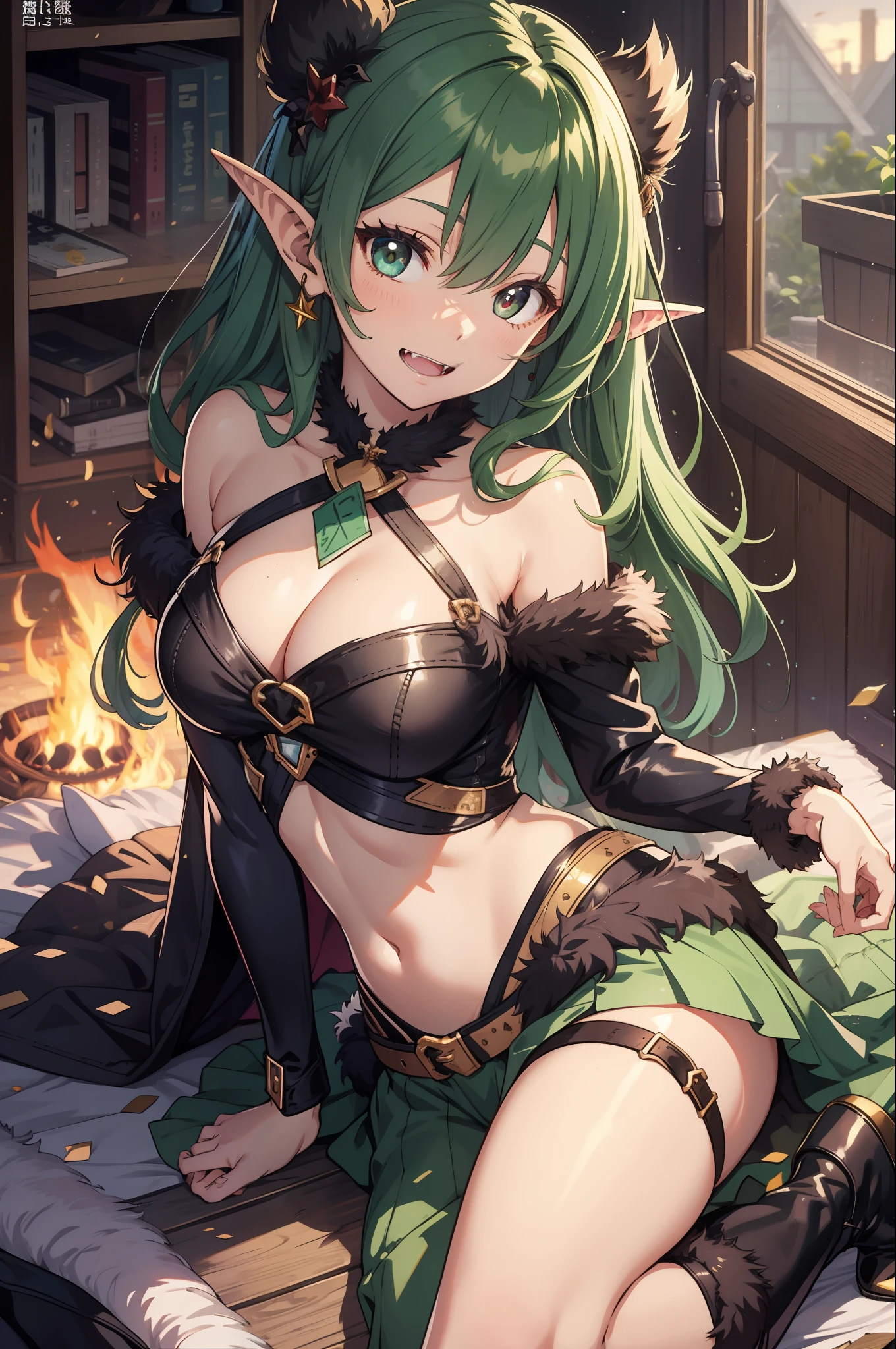 masutepiece, Best Quality, Highly detailed, Illustration, ,1girll、Goblin Girl 、green colored skin、Pointed ears、Sharp eyes、fangs protruding from both ends of the mouth,、droolng、Pointed corners of the eyes、Big breasts:(1.5)、Fur boots, Good fur、Fur waistband、No panties、Unkempt hair、Dim cave、torch light、Messy room、bonfire、Put your hands on the ground、pinch your chest with both arms、Pointed bust top、Smile、Functional、