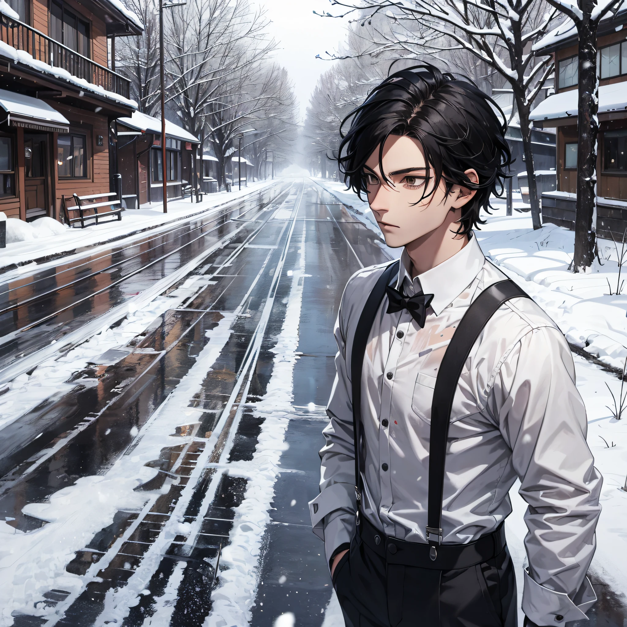 Ridiculous resolution,A high resolution,(tmasterpiece:1.4),hyper-detailing,On the course track,are standing,nevando,snowfield,The young man had messy black hair,White suspenders,serious expressions