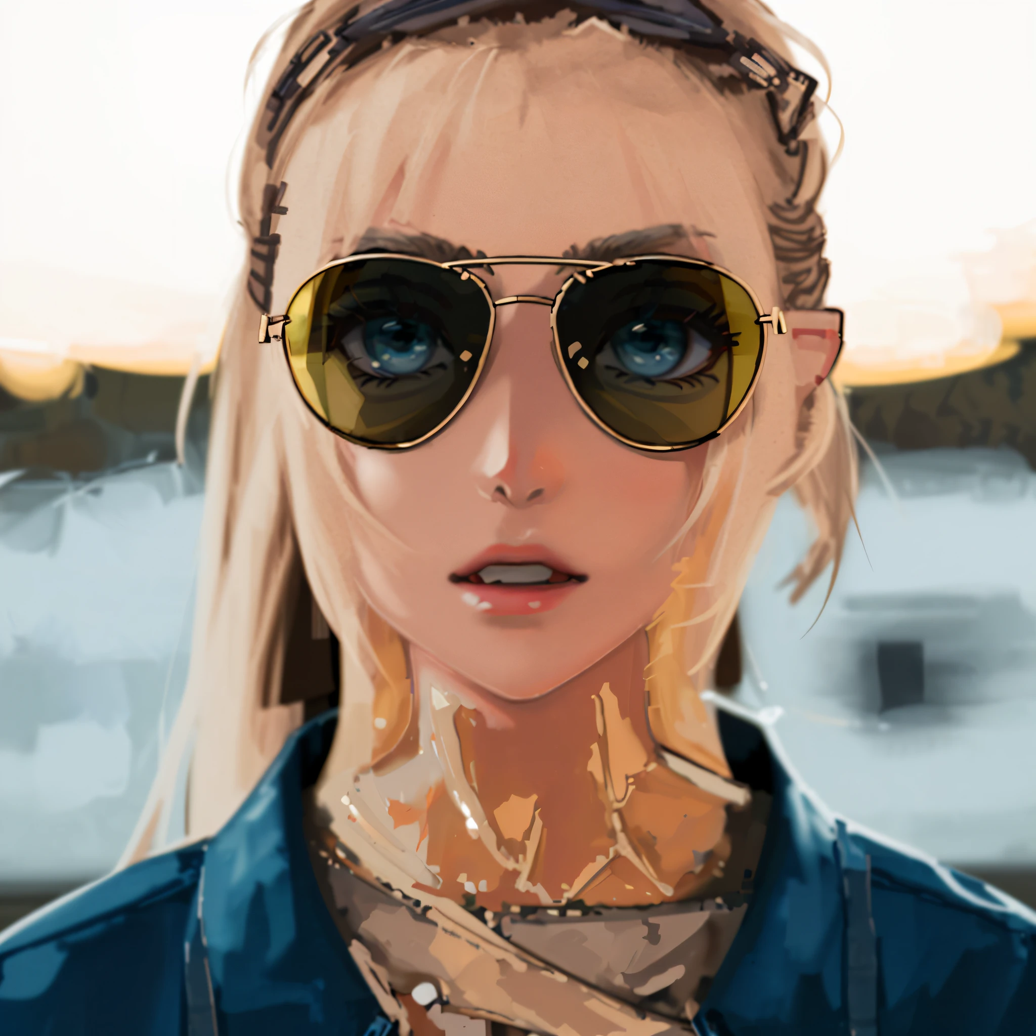 woman wearing sunglasses、Wearing denim clothes、Sunglasses with metal frame、Metal double-bridge、illustratio、pony tail hairstyle、Light green lens、full bodyesbian、