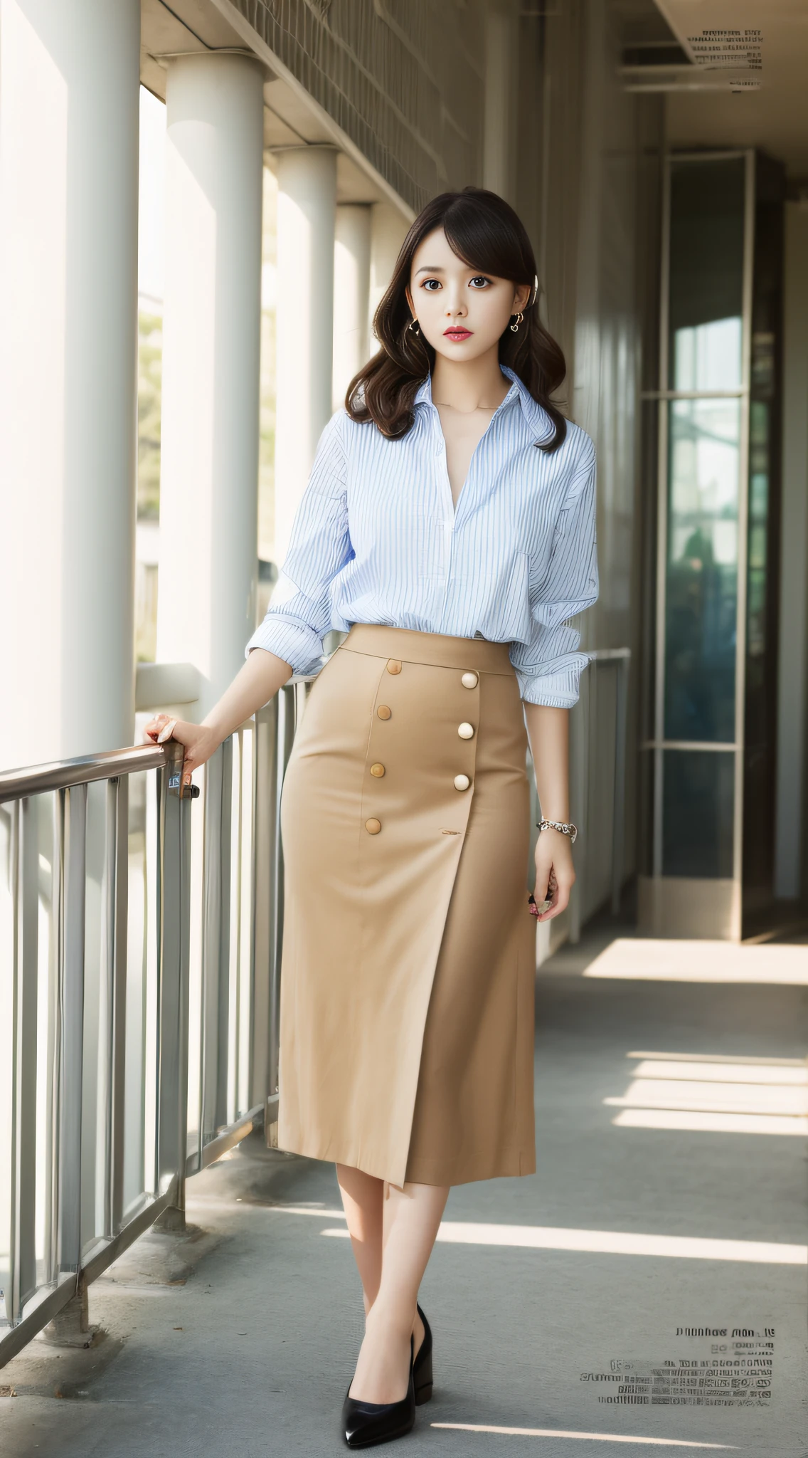A super beautiful girl,Big bright eyes,Cool feeling,(fashion magazine coer:1.3),(pencil skirt, button-up shirt, classic pumps)