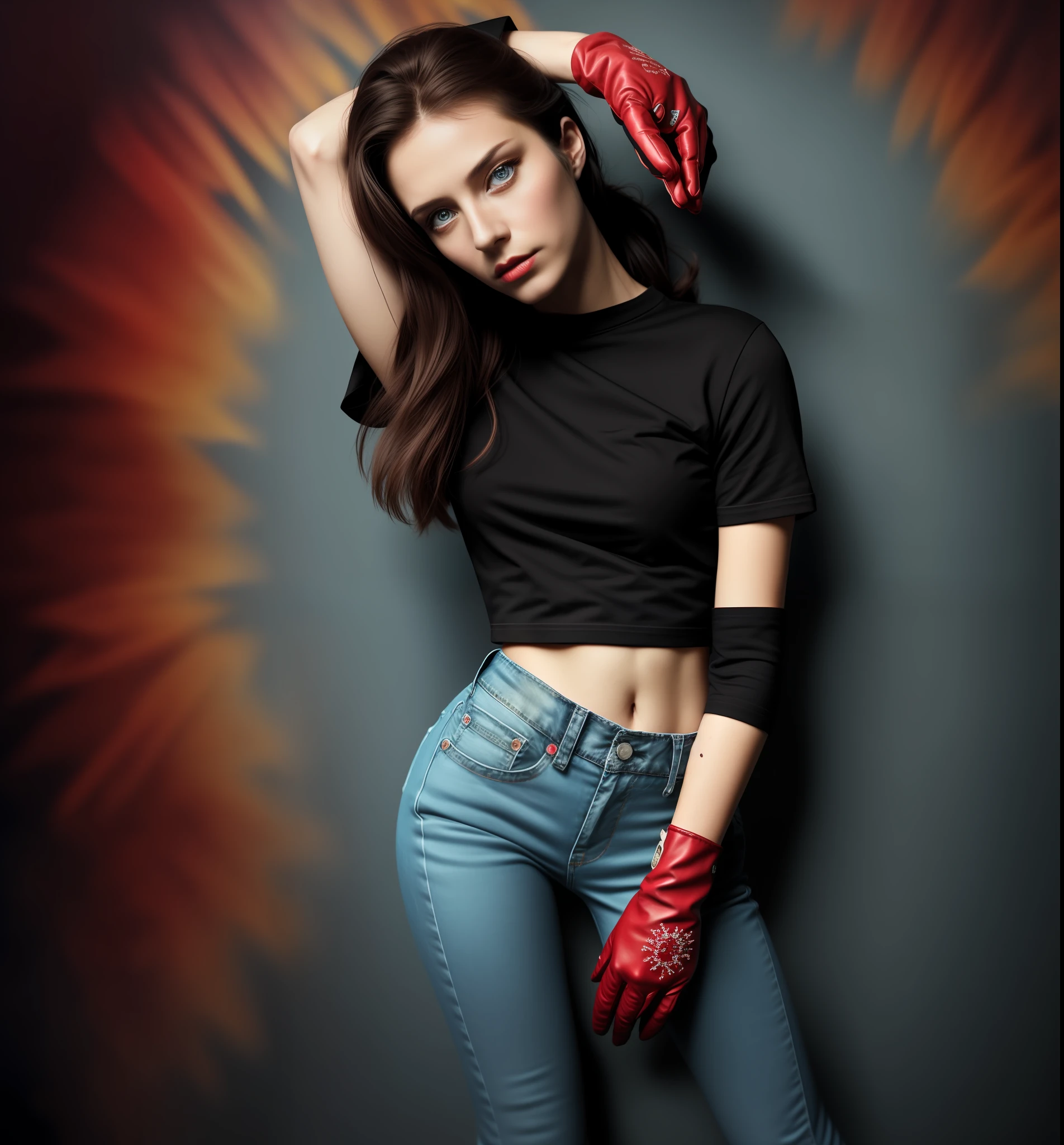 a cinematic scene of a woman fighter posing, she is wearing a denim pant and black tshirt,and red gloves on hands, she has long hair, circular iris, circular pupils, looking at the camera, professional color grading, soft shadows, clean sharp focus, no contrast, film photography