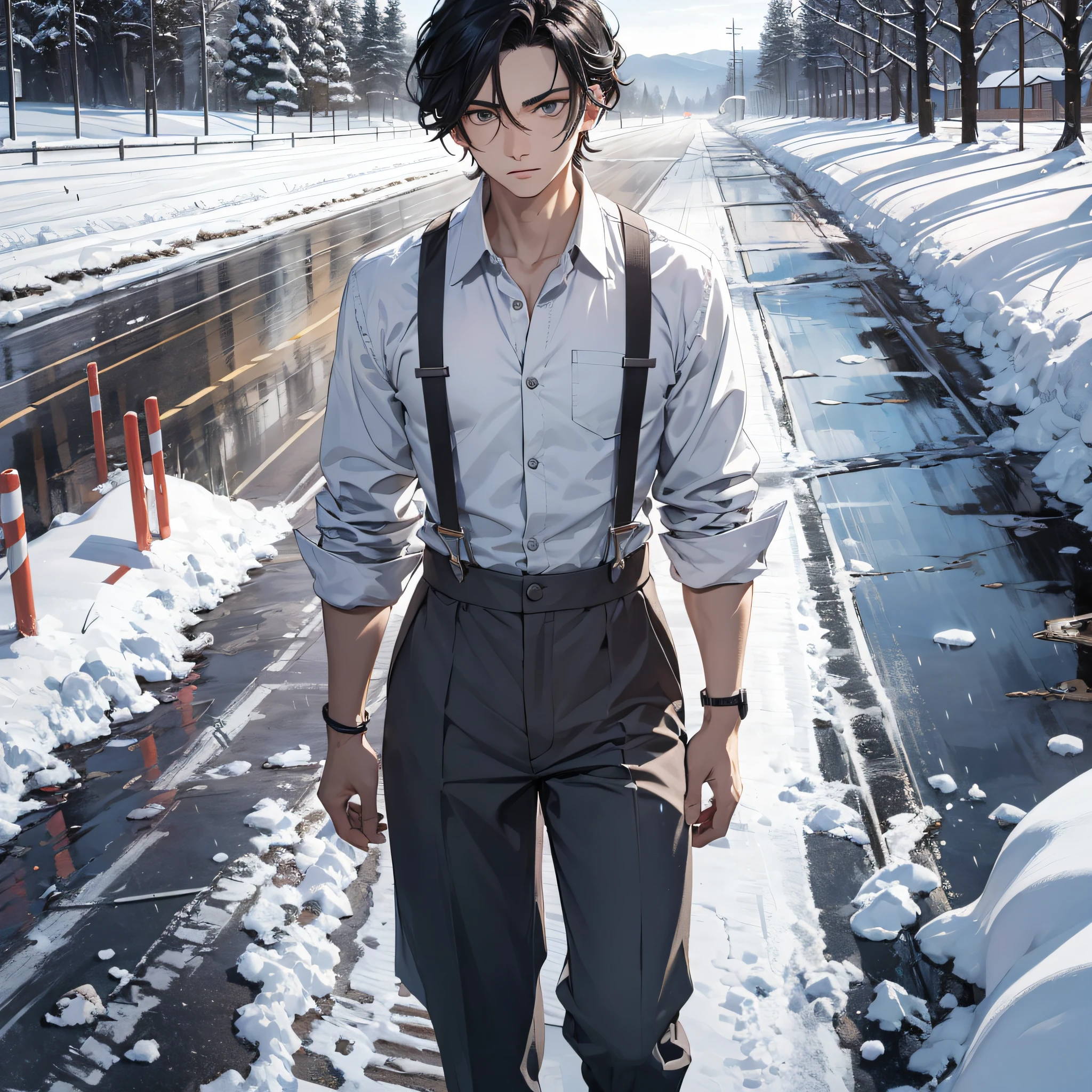 Ridiculous resolution，A high resolution，（tmasterpiece：1.4），hyper-detailing，On the course track，are standing，nevando，snowfield，The young man had messy black hair，White suspenders，serious expressions