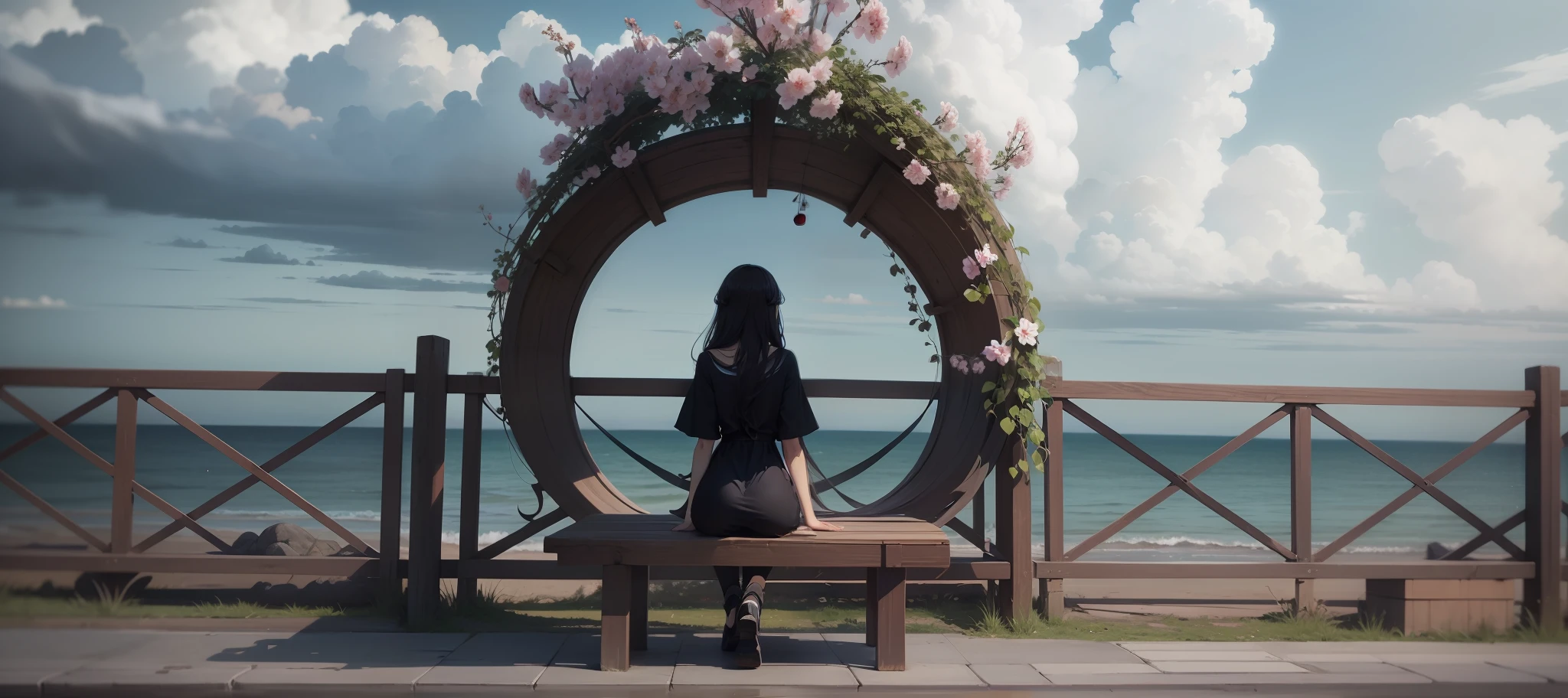 Use anime style，The sky is clear，The sea is clearer， 4K，high qulity，tmasterpiece，More perfect composition，Move deeper，More logical，springtime，Two cherry blossom trees，shift dresses，Long hair，black color hair，Hair waist-length，Cherries fall