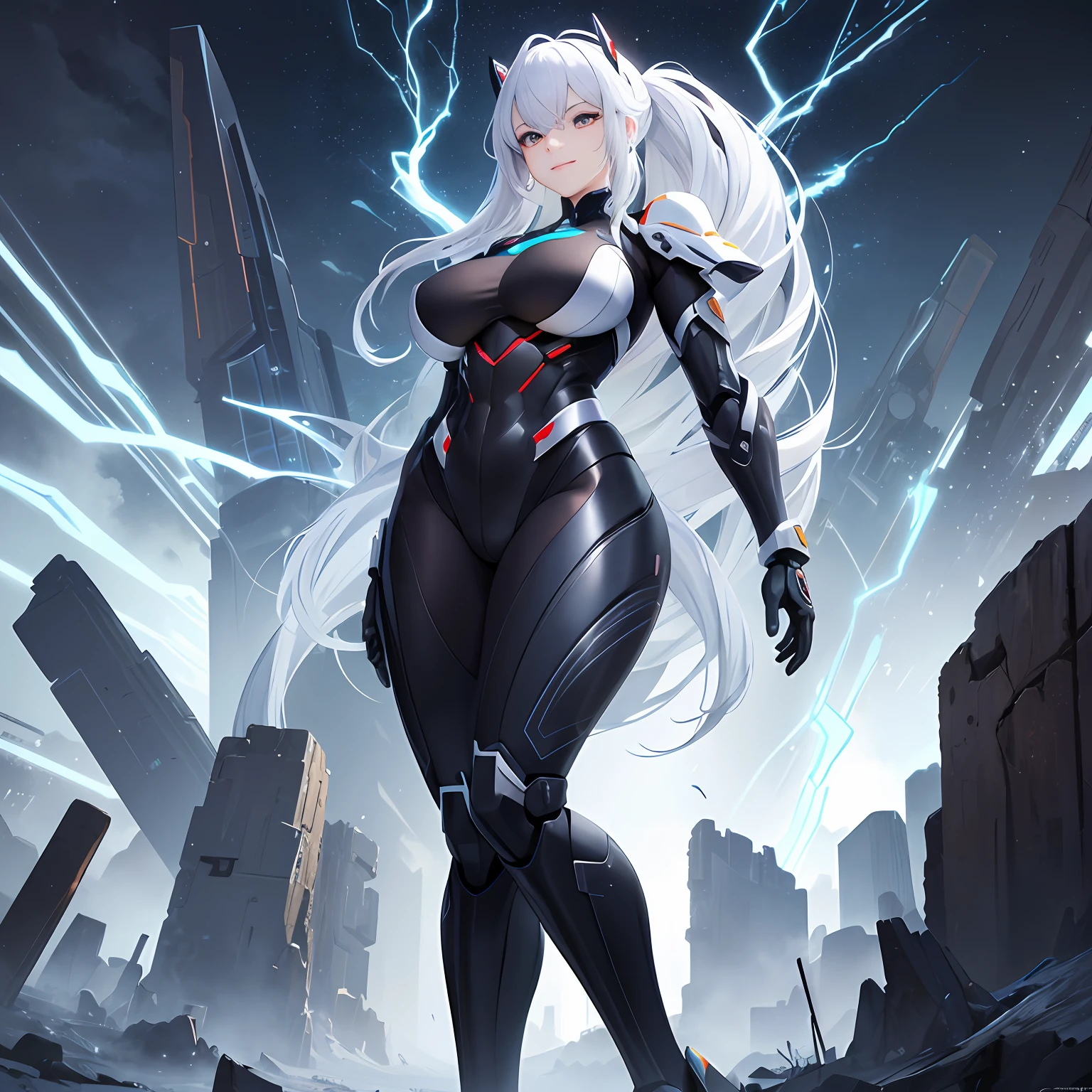 best qualtiy、tmasterpiece、超高分辨率，verism style，cold light，Realistic lighting，RAW photogr，fully body photo，A world full of technology and magic，the night，1girll，Magic Tech Mech，facing at the camera，Long white hair smiling，delicated face，The body is curvy，Perfect anatomical physique，Bigchest，detail-rich，standing on your feet，Mecha tights，Magic mech，high high quality，Hands are naturally open，Beautiful posture，Big robot behind it，lightning around the whole body