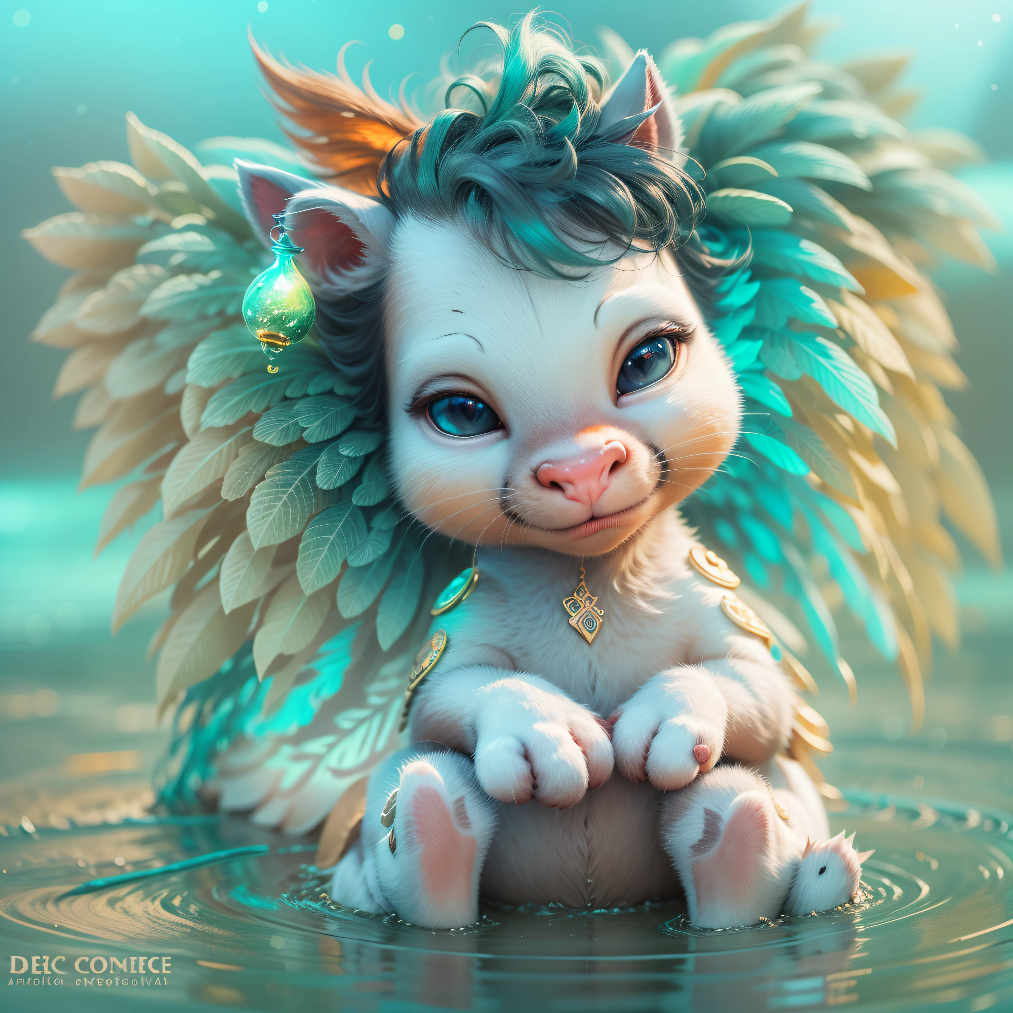 caricature, adorable cute digital 3d sleepy  pegasus wearing teeshirt in lagoon, Aboriginal Australian, realistic art, bold colors, fantasy, rainbowcore, bioluminescence, electroluminescence