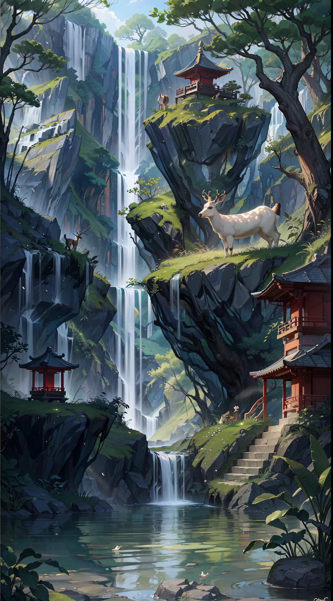 Chinese ancient times, spring, jungle, lake, cave, waterfall, tree, meadow, rock, deer, hot spring, water vapor, (illustration: 1.0), epic composition, realistic lighting, HD details, masterpiece, best quality, (very detailed CG unified 8k wallpaper) --auto