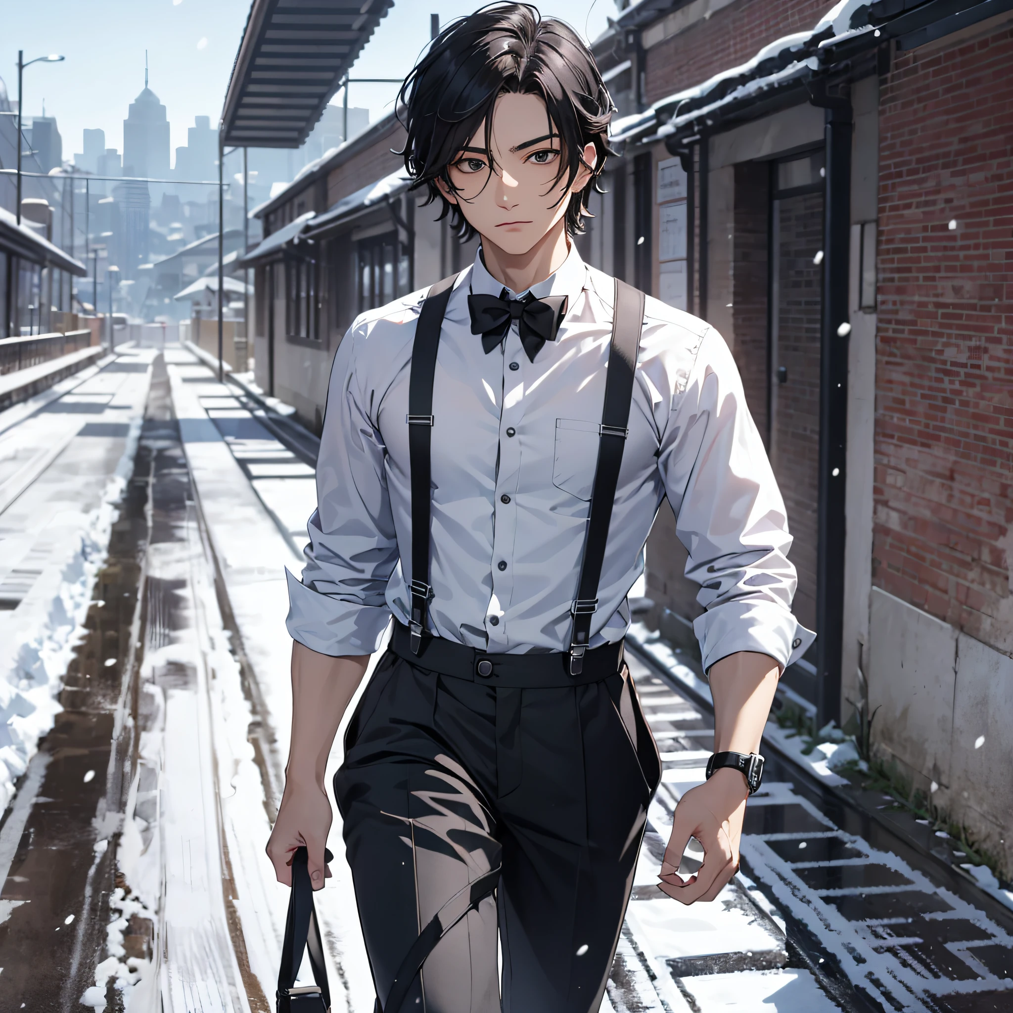 Ridiculous resolution，A high resolution，（tmasterpiece：1.4），hyper-detailing，On the course track，are standing，nevando，snowfield，The young man had messy black hair，White suspenders，serious expressions