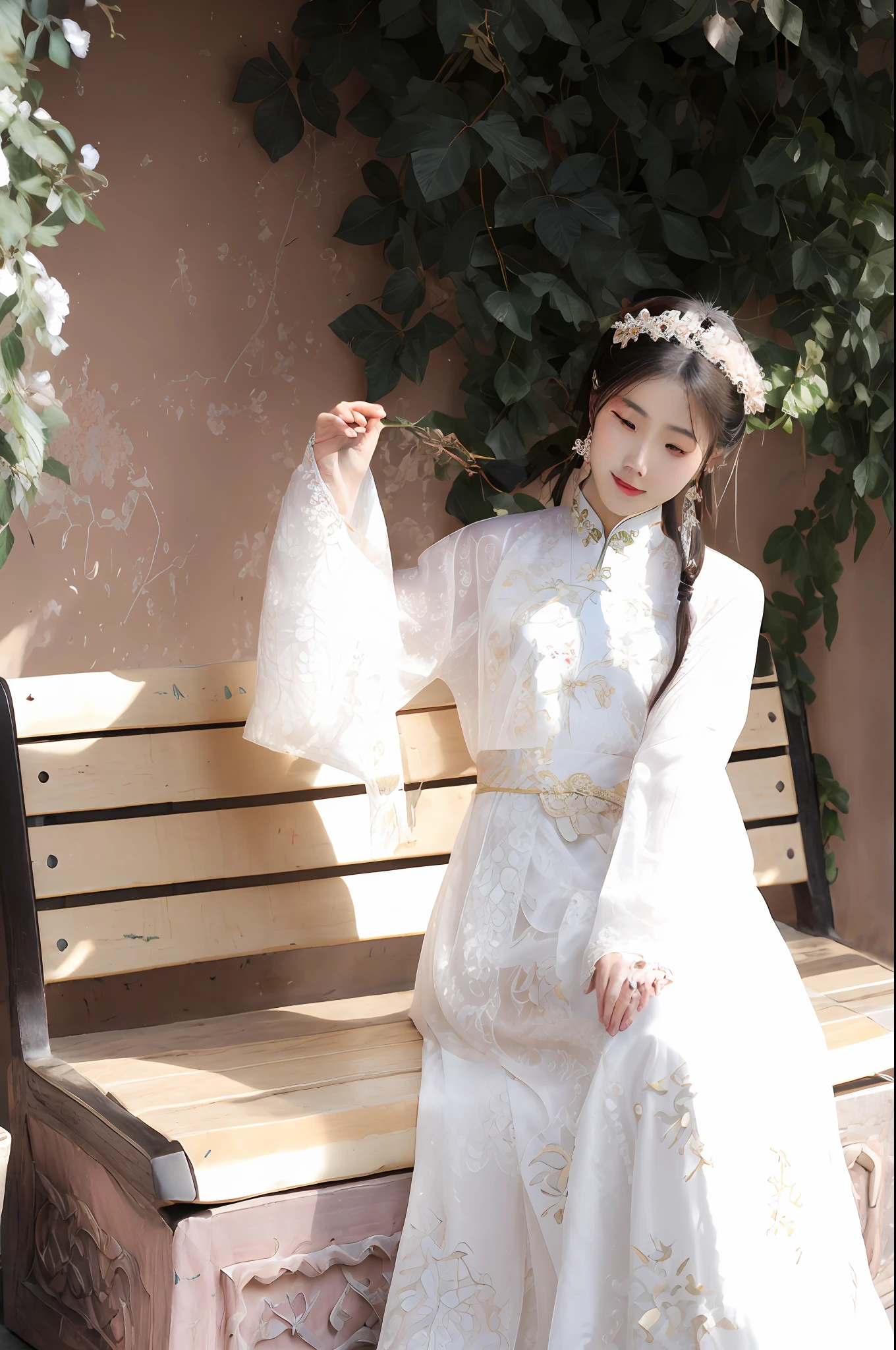 there is a woman sitting on a bench in a white dress, Palace , A girl in Hanfu, White Hanfu, with acient chinese clothes, Cheongsam, Chinese costume, Traditional Chinese clothing, Wearing ancient Chinese clothes, Hanfu, Chinese dress, Chinese traditional, Chinese girl, traditionalcostumes, traditional garb, traditional tai costume, shaxi
