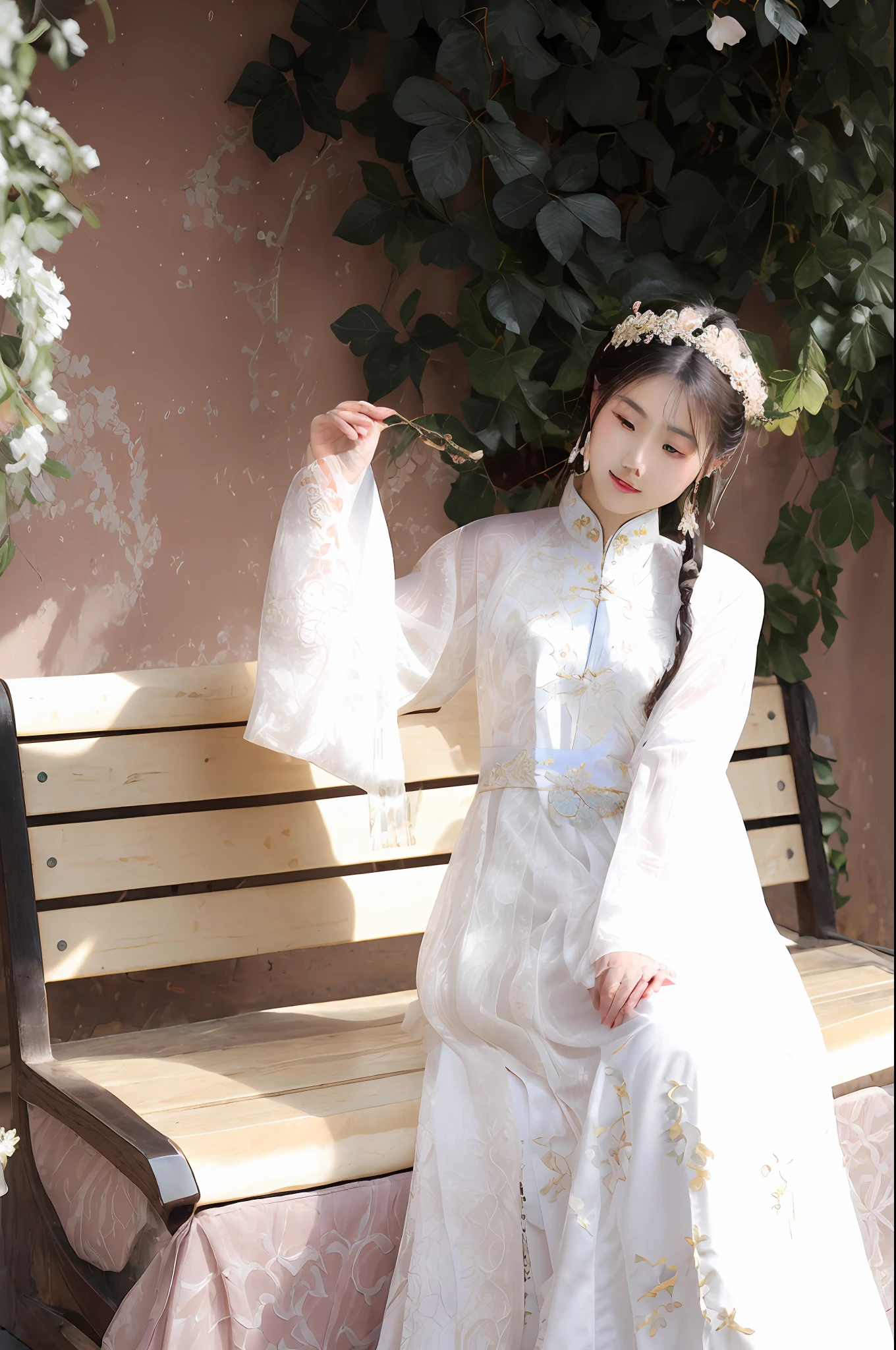 there is a woman sitting on a bench in a white dress, Palace ， A girl in Hanfu, White Hanfu, with acient chinese clothes, Cheongsam, Chinese costume, Traditional Chinese clothing, Wearing ancient Chinese clothes, Hanfu, Chinese dress, Chinese traditional, Chinese girl, traditionalcostumes, traditional garb, traditional tai costume, shaxi