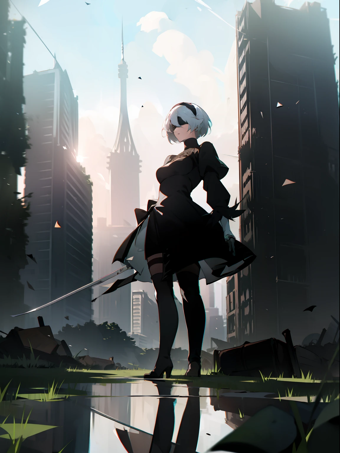 masterpiece, best quality, detailed face, extremely detailed, yorha no. 2 type b, 1girl, solo, absurdres, 8k, black blindfold, black dress, black hairband, blindfold, eye highlights blue sky, boots, building, city, cloud, covered eyes, debris, dress, feather-trimmed sleeves, feather trim, from below, gloves, grass, hairband, high heel boots, high heels, highres, juliet sleeves, katana, leather, leather boots, long sleeves, nier \(series\), nier automata, outdoors, overgrown, pod \(nier automata\), post-apocalypse, puddle, puffy sleeves, rubble, ruins, scenery, sky, thigh boots, thighhighs, thighhighs under boots, water