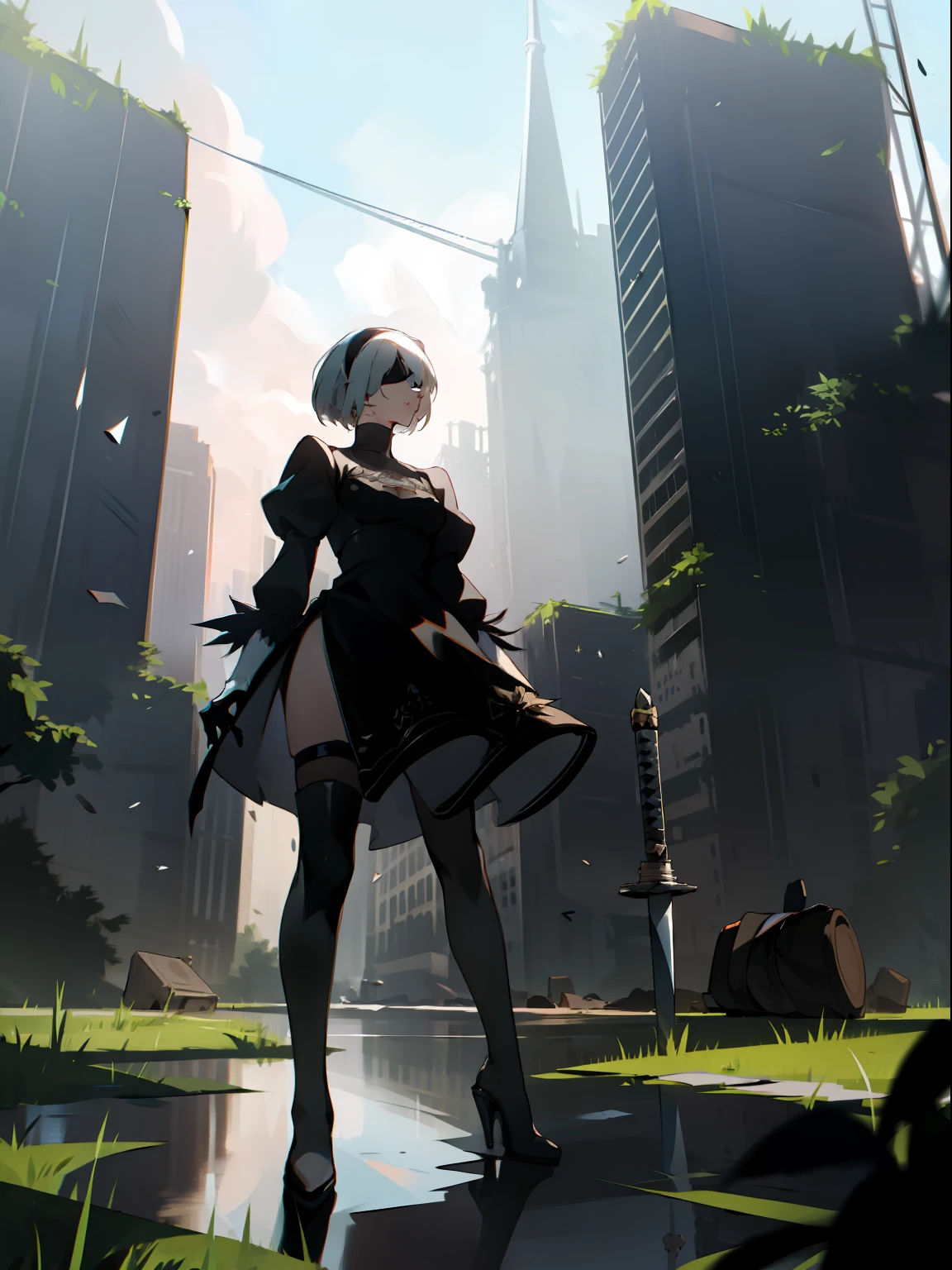 masterpiece, best quality, detailed face, extremely detailed, yorha no. 2 type b, 1girl, solo, absurdres, 8k, black blindfold, black dress, black hairband, blindfold, eye highlights blue sky, boots, building, city, cloud, covered eyes, debris, dress, feather-trimmed sleeves, feather trim, from below, gloves, grass, hairband, high heel boots, high heels, highres, juliet sleeves, katana, leather, leather boots, long sleeves, nier \(series\), nier automata, outdoors, overgrown, pod \(nier automata\), post-apocalypse, puddle, puffy sleeves, rubble, ruins, scenery, sky, thigh boots, thighhighs, thighhighs under boots, water