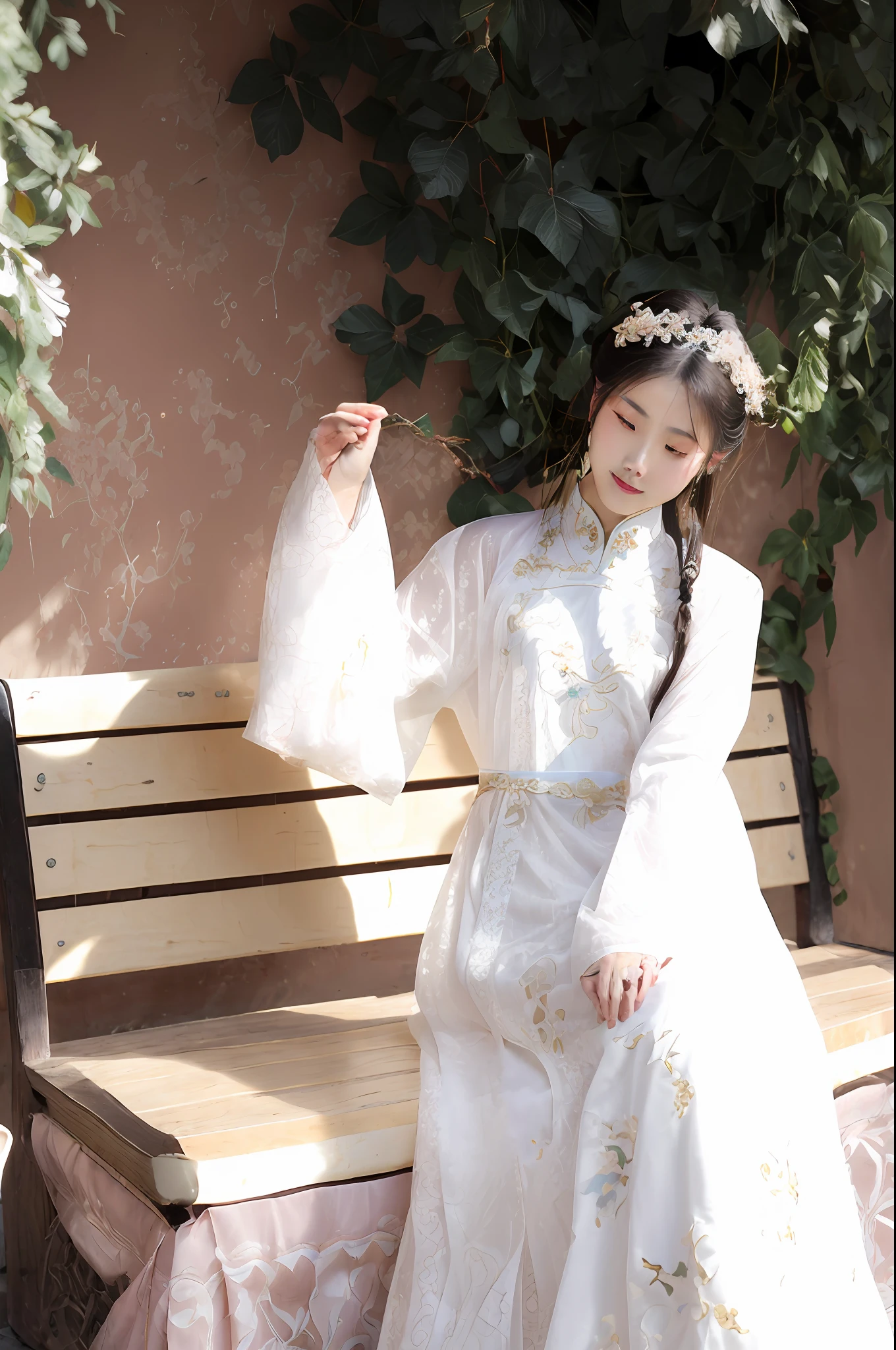 there is a woman sitting on a bench in a white dress, Palace , A girl in Hanfu, White Hanfu, with acient chinese clothes, Cheongsam, Chinese costume, Traditional Chinese clothing, Wearing ancient Chinese clothes, Hanfu, Chinese dress, Chinese traditional, Chinese girl, traditionalcostumes, traditional garb, traditional tai costume, shaxi