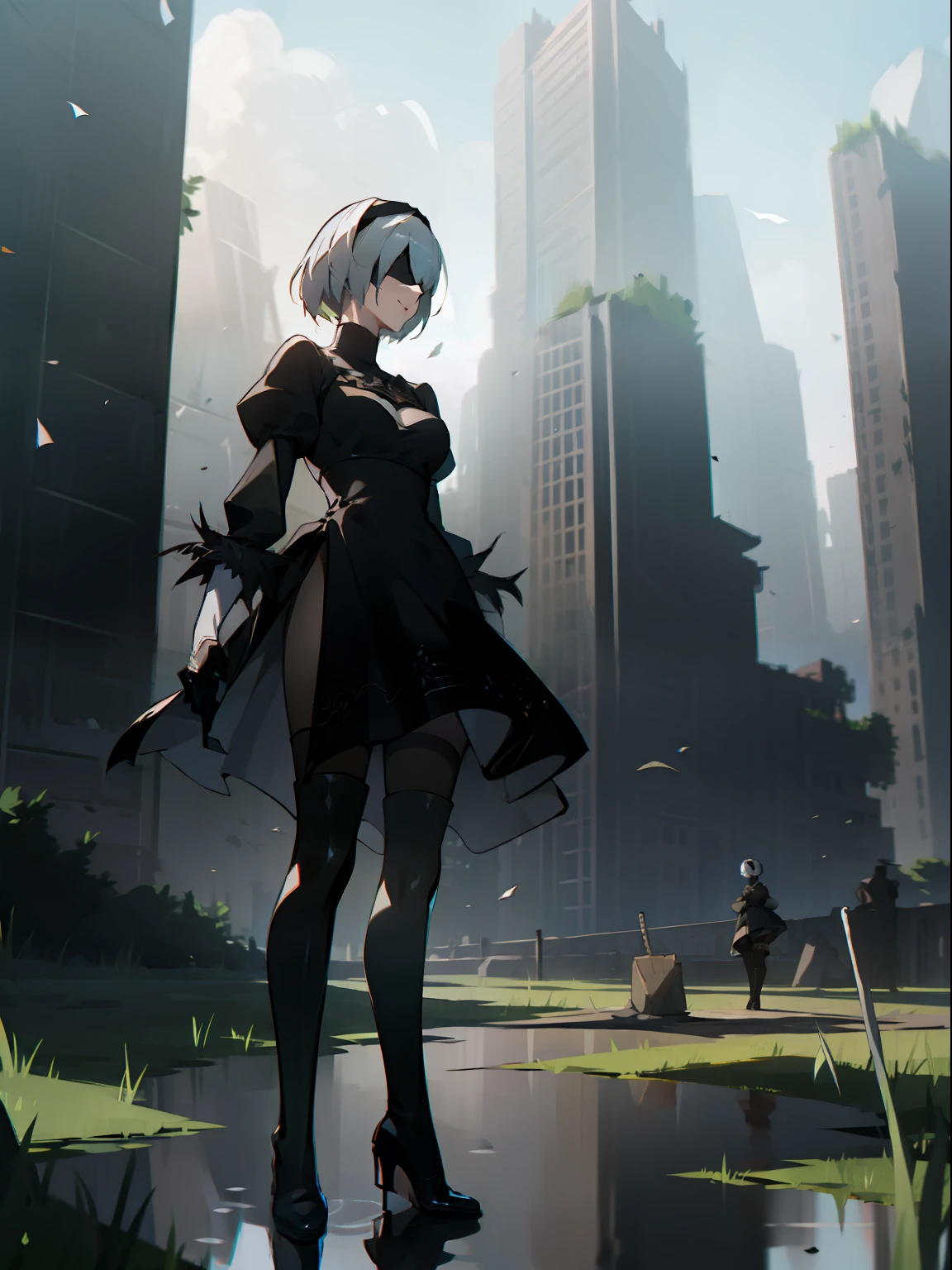 masterpiece, best quality, detailed face, extremely detailed, yorha no. 2 type b, 1girl, solo, absurdres, 8k, black blindfold, black dress, black hairband, blindfold, eye highlights blue sky, boots, building, city, cloud, covered eyes, debris, dress, feather-trimmed sleeves, feather trim, from below, gloves, grass, hairband, high heel boots, high heels, highres, juliet sleeves, katana, leather, leather boots, long sleeves, nier \(series\), nier automata, outdoors, overgrown, pod \(nier automata\), post-apocalypse, puddle, puffy sleeves, rubble, ruins, scenery, sky, thigh boots, thighhighs, thighhighs under boots, water