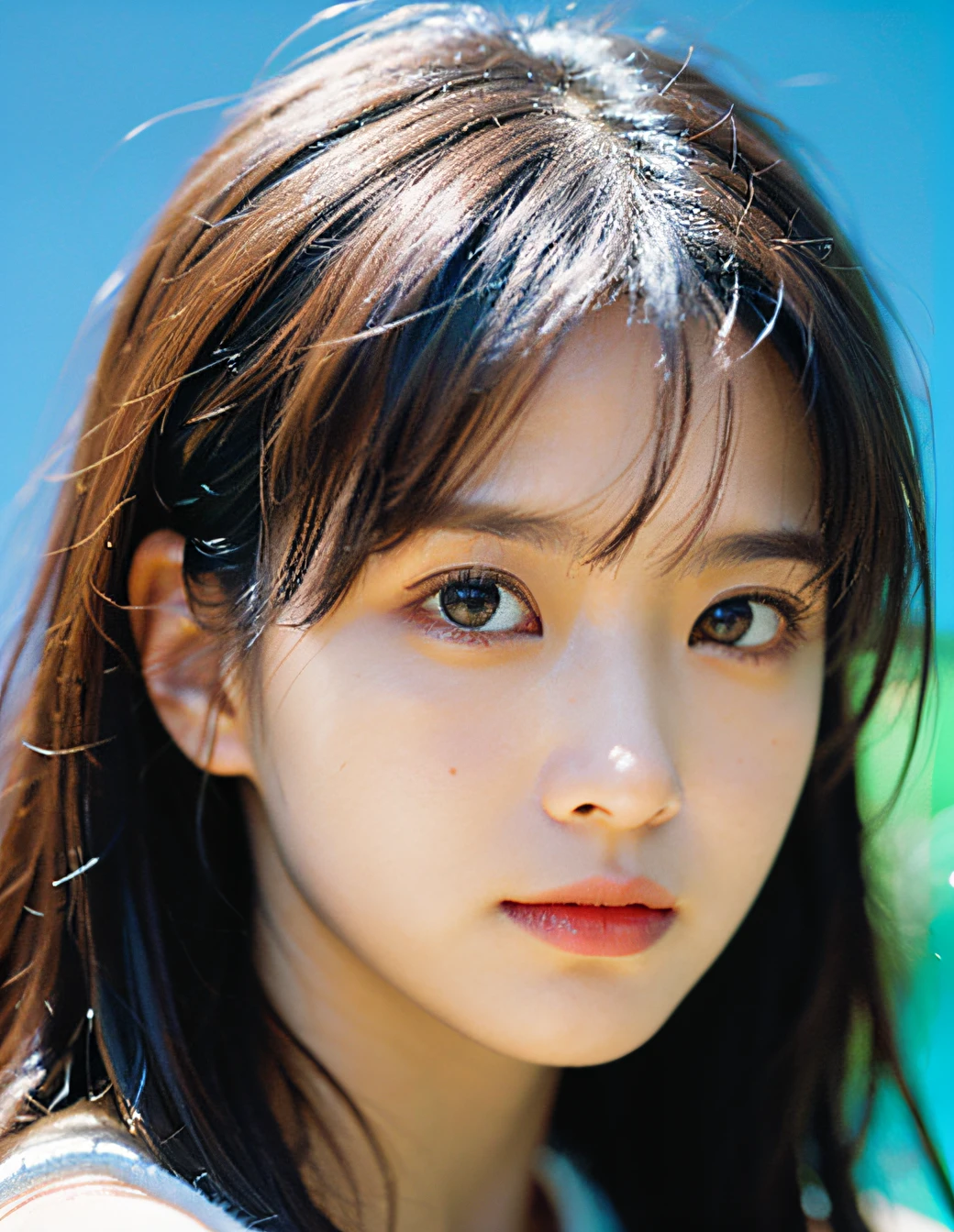best quality, masterpiece, ultra high res, (film grain:1.4),digital photography, bangs,cinematic lighting,(Fujicolor:1.2) Portraits,
close-ups of faces,Clear pore,1girl, looking at viewer,blue background (photorealistic:1.2)