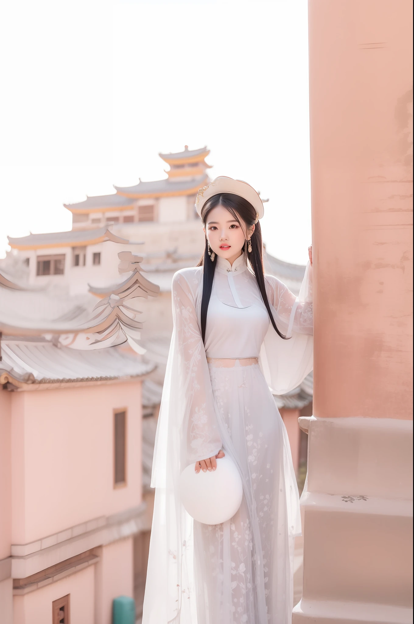 Arakfi woman in white dress and hat standing on the windowsill, Palace ， A girl in Hanfu, White Hanfu, Chinese girl, Hanfu, clothed in ancient street wear, with acient chinese clothes, Cheongsam, Chinese costume, wearing ornate silk clothes, Chinese woman, Traditional Chinese clothing, ancient city streets behind her, Chinese dress