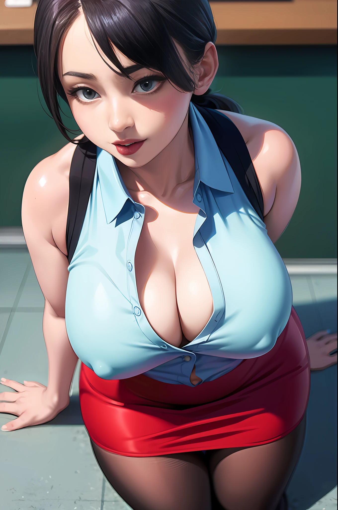 1 woman,，one book, A teacher, A short pencil skirt, Black underwear, Translucent shirt ,(Masterpiece),(Photorealistic:1.3), NFSW, Ultra-detailed, (highdetailskin:1.2),(Best quality:1.0), (超高分辨率:1.0)tmasterpiece， High- sharpness， high high quality， Detailed face， detailed body render， 1girll，Sleeveless clothing， Sleeveless shirt， ， Dark lips， exhibitionism，No bras， breasts out， Be red in the face，Full body photo，Orgasmic face，Clothes pop open，Breasts pop out