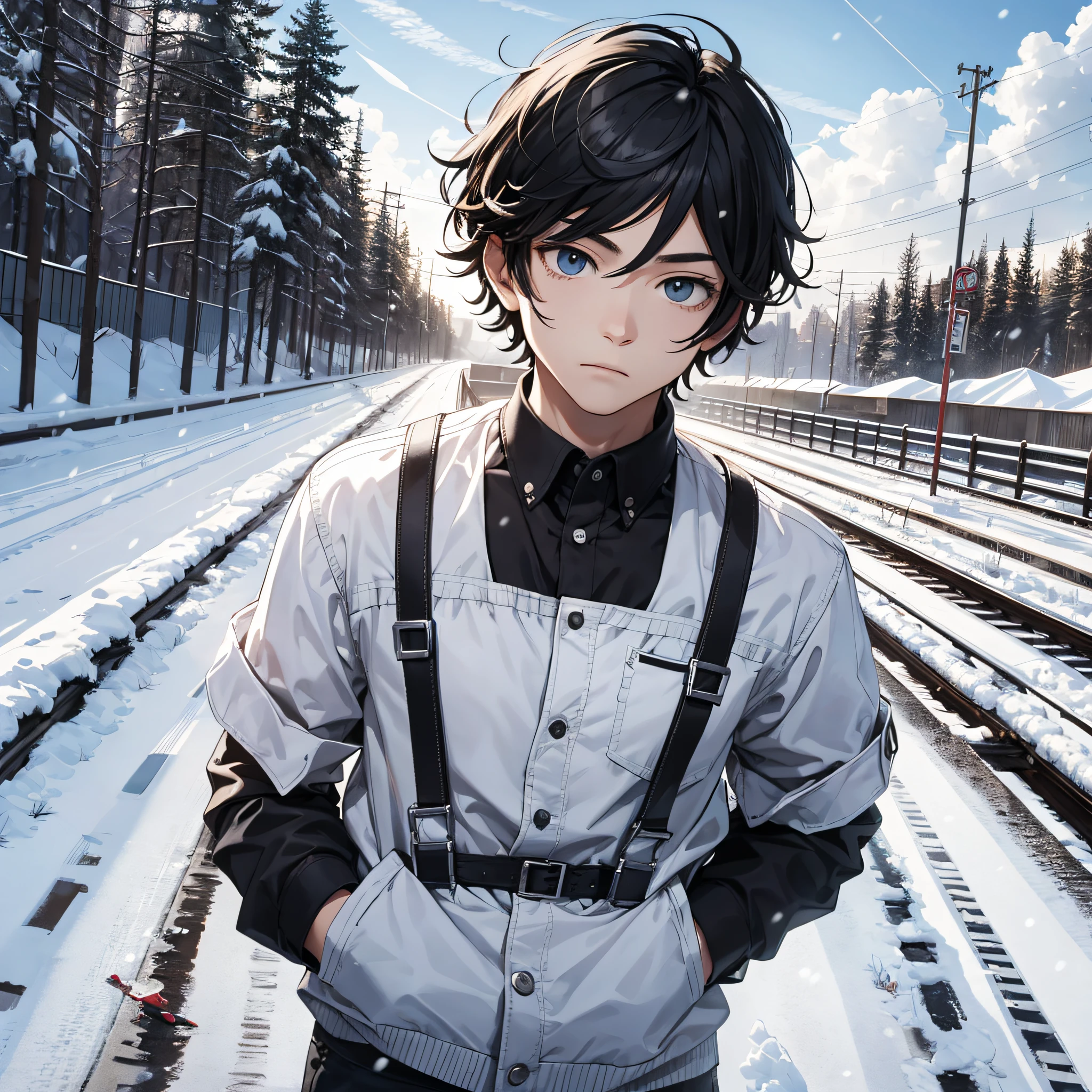 Ridiculous resolution,A high resolution,(tmasterpiece:1.4),hyper-detailing,On the course track,are standing,nevando,snowfield,The young man had messy black hair,White suspenders,serious expressions