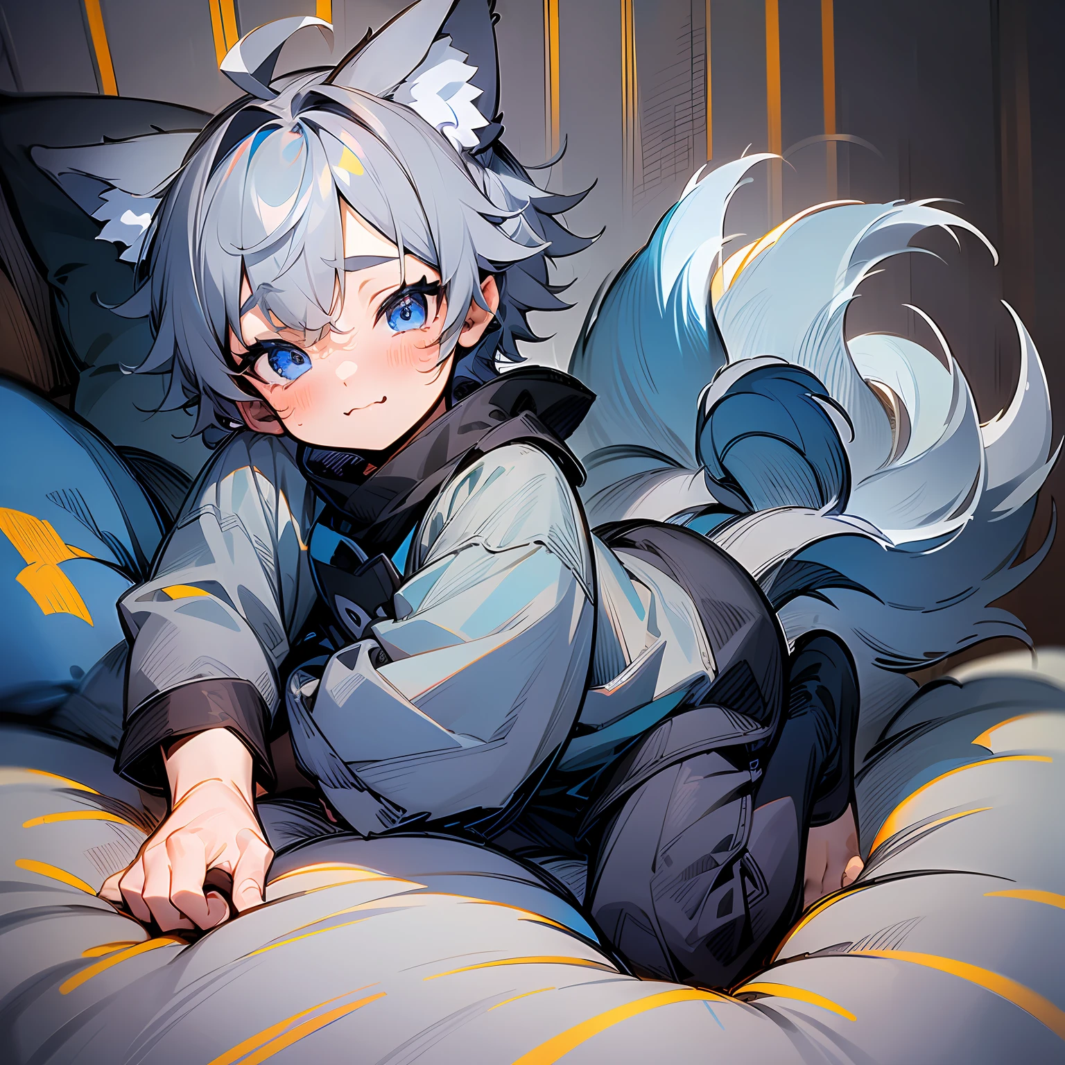 (1boy), (Shota), (HD quality, masterpiece level), cute teen character, dark gray hair, blue eyes, (wolf ears), (wolf tail), one tail, little boy, a pinch of blue bangs, chubby face, cute feet, cute face, solo, cinematic lighting, cry,