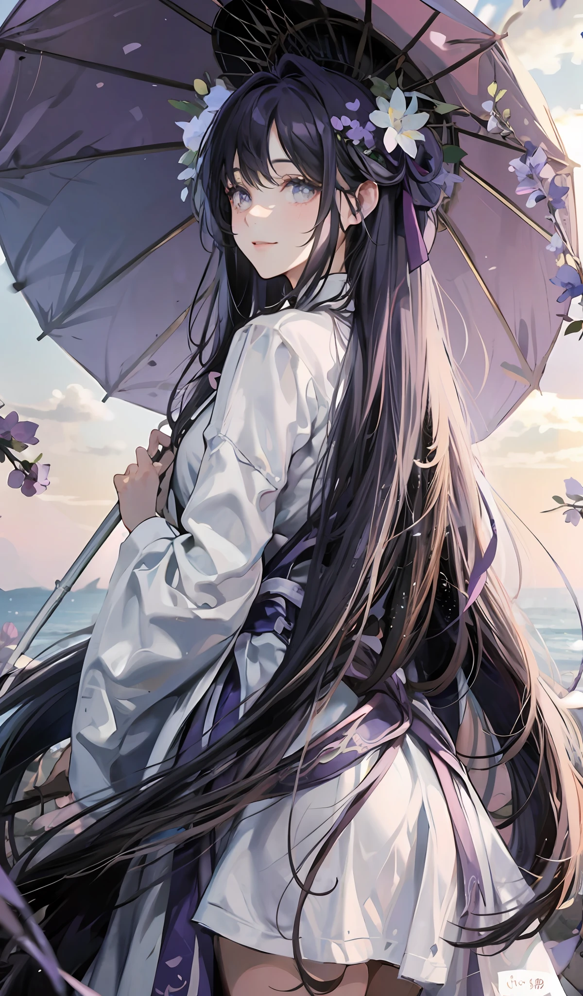 Sea of violet flowers,,White clothes and purple edges,Long lavender hair,big breasts beautiful,eyes with brightness,long light purple hair,holding a umbrella,Kizi,in a panoramic view,s the perfect face,A shallow smile
