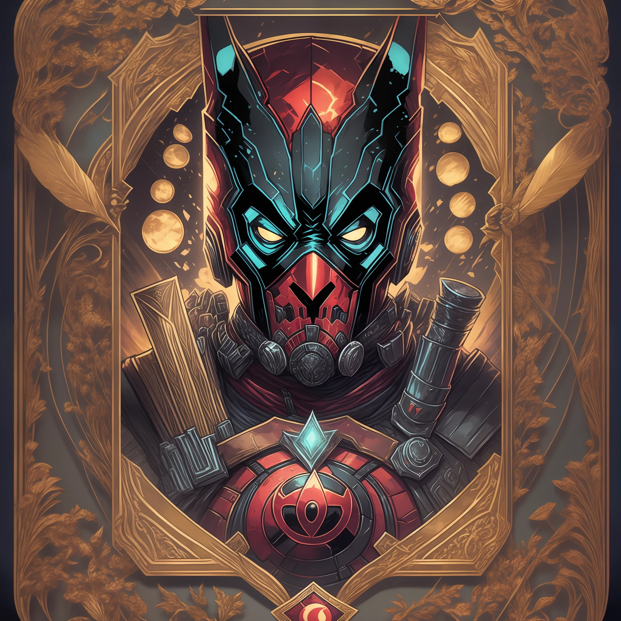 A game card and border design of [Deadpool] with decorated borders and icons, No estilo da Capcom, cores vibrantes, paleta de cores vermelho e preto, magia de fantasia, circunstanciado, intrincado, 8k, octan render