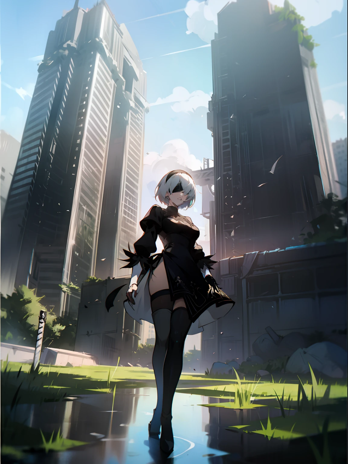 masterpiece, best quality, detailed face, extremely detailed, yorha no. 2 type b, 1girl, solo, absurdres, 8k, black blindfold, black dress, black hairband, blindfold, eye highlights blue sky, boots, building, city, cloud, covered eyes, debris, dress, feather-trimmed sleeves, feather trim, from below, gloves, grass, hairband, high heel boots, high heels, highres, juliet sleeves, katana, leather, leather boots, long sleeves, nier \(series\), nier automata, outdoors, overgrown, pod \(nier automata\), post-apocalypse, puddle, puffy sleeves, rubble, ruins, scenery, sky, thigh boots, thighhighs, thighhighs under boots, water