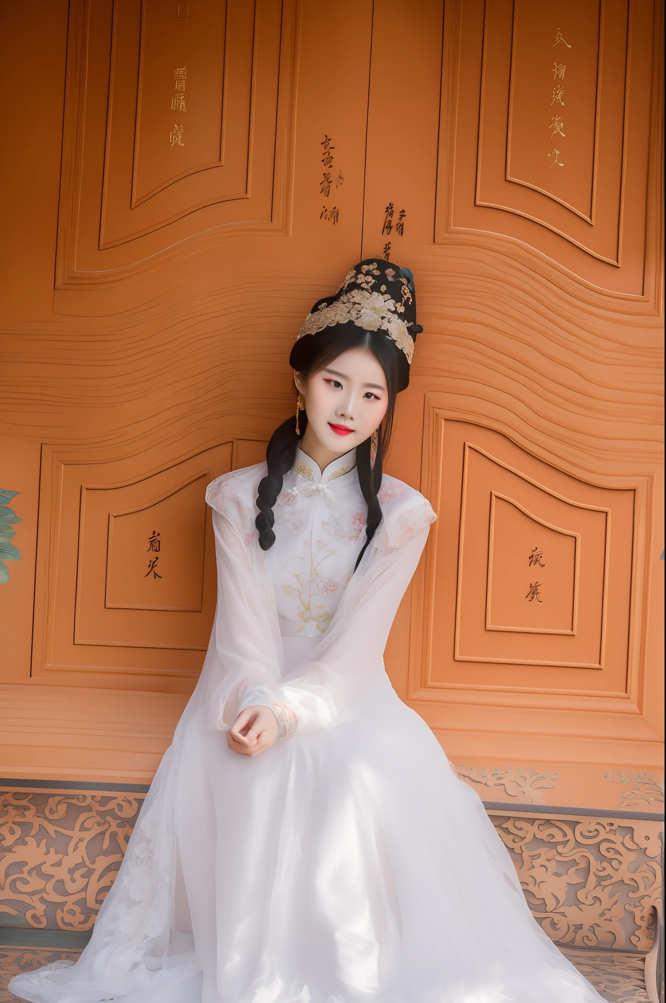An Areali woman in a white dress and ties sits on a bench, Palace , A girl in Hanfu, White Hanfu, Chinese costume, Wearing Gorgeous Costume, China Princess, Traditional Chinese clothing, with acient chinese clothes, Chinese traditional, traditional garb, Cheongsam, wearing ornate silk clothes, Chinese girl, traditionalcostumes