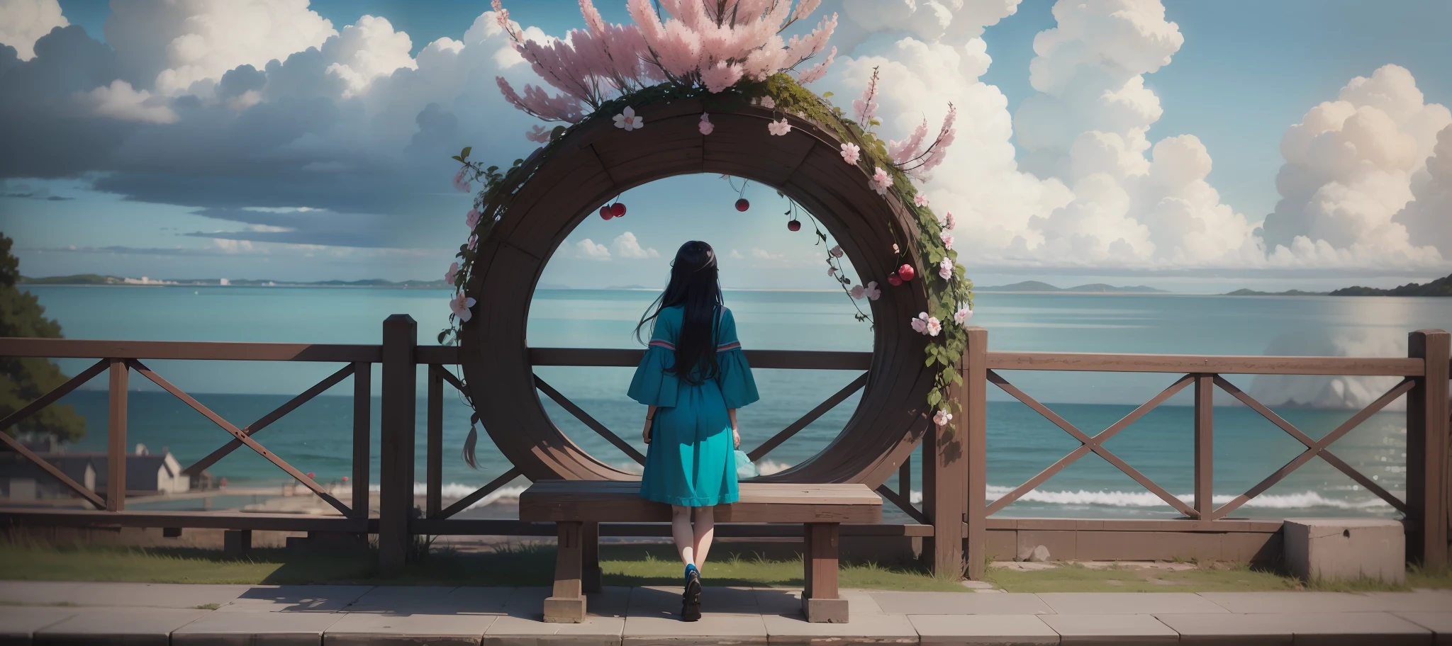 Use anime style,The sky is clear,The sea is clearer, 4K,high qulity,tmasterpiece,More perfect composition,Move deeper,More logical,springtime,Two cherry blossom trees,shift dresses,Long hair,Black color hair,Hairy waist length,Cherries fall,The clothes are turquoise-colored,Turquoise clothes,Legs are more natural