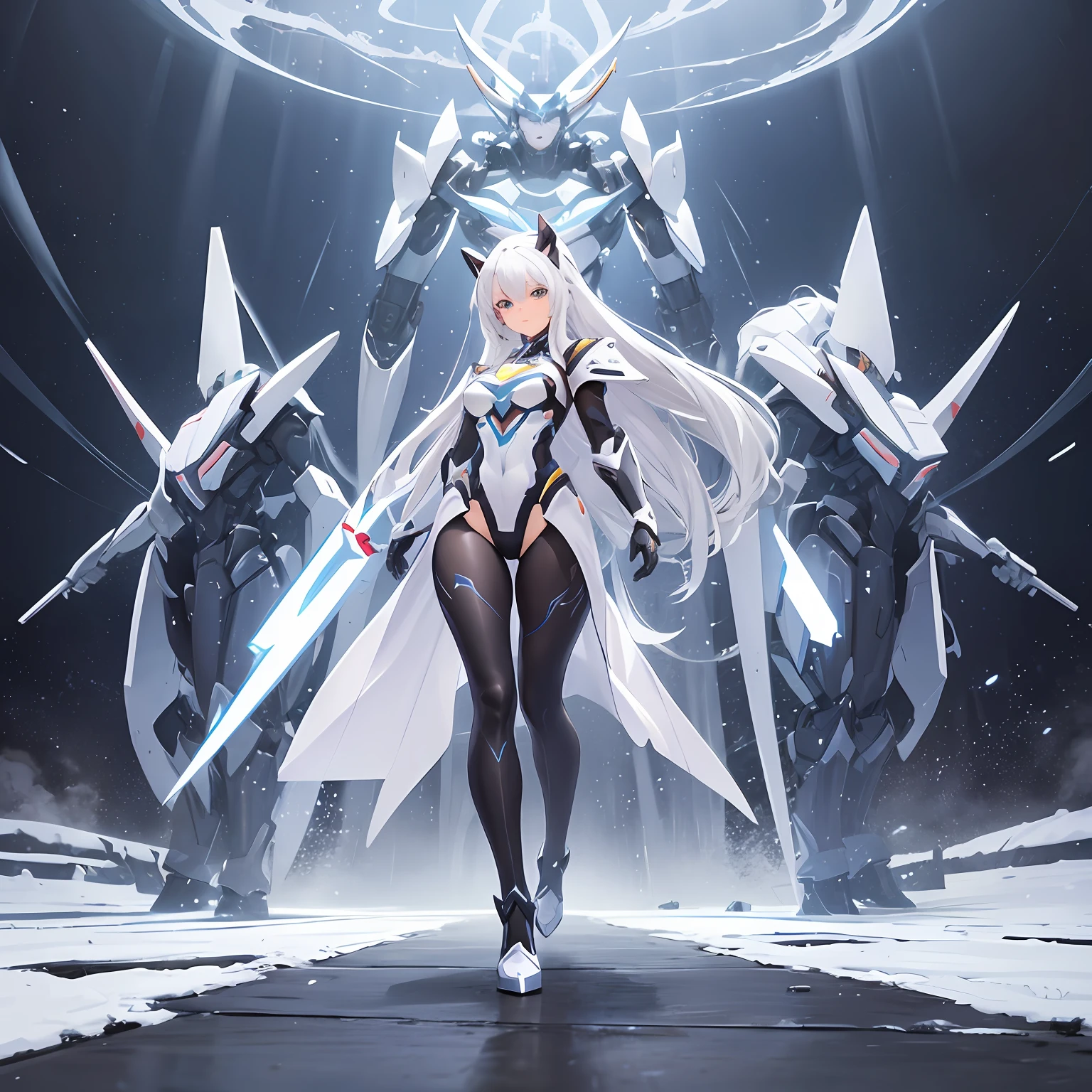 best qualtiy、tmasterpiece、超高分辨率,verism style,cold light,Realistic lighting,RAW photogr,fully body photo,A world full of technology and magic,the night,1girll,Magic Tech Mech,facing at the camera,Long white hair smiling,delicated face,The body is curvy,Perfect anatomical physique,Bigchest,detail-rich,standing on your feet,Mecha tights,Magic mech,high high quality,Hands are naturally open,Beautiful posture,Big robot behind it,magia,afloat,Top-down view