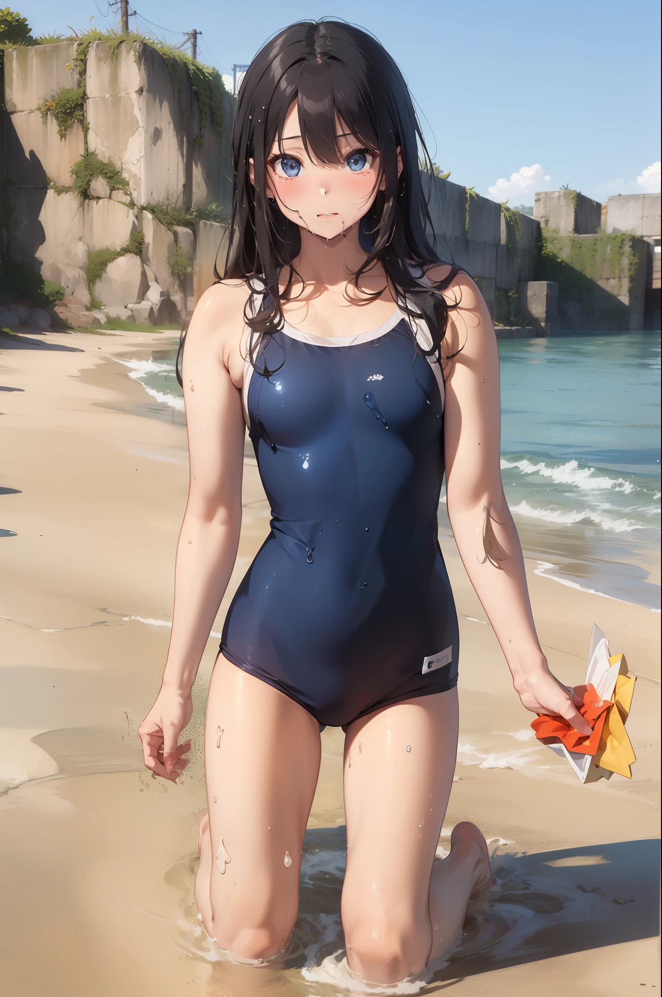((top-quality))、((masterpiece))、1girl in、Formal-up、beautiful detailed eyes and face、pretty skin、a very cute、22year old、School swim wear(darkblue、Simple design、Matte texture、Wrinkle、Polyester material、Nero、shadings、)Wet body、Anime Face、Beautie、Facing the front、big eye(Beautiful fece、Anime Face、Clear eyes、Fine details、Beautiful eyes)Well-formed face(Beautiful nasal muscles、Perplexed、sharp mouth)full of sweat、sodden、Wet feeling、Background with(sunny sky、takeout)、8K picture quality、perfectly proportions、A slender、red blush、female focus on, hair adornments,length hair, Look at viewers,
