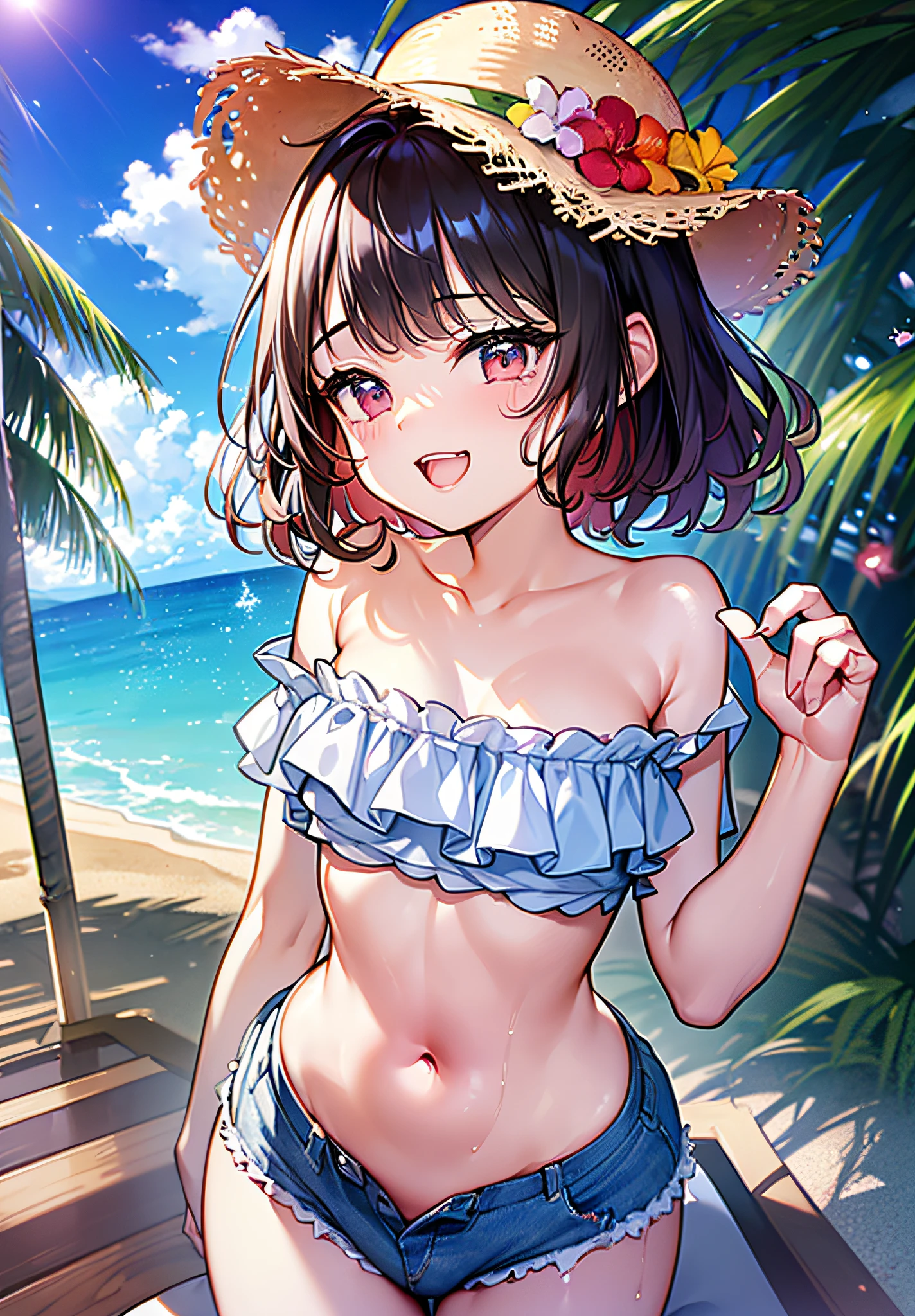 (((masterpiece))、(((top-quality))、((extremely delicate and beautiful))、(Highly detailed CG Unity 8K wallpapers:1.3)、very delicate light、(Back lighting)、(steampunc)、
/=、
(((cowboy body))、(1loli:1.3)、独奏、(小柄)、(small tits)、Yellow swimsuit、High Waist Shorts、Vermilion hair、red eyes、耳环、(Wavy Curly Shorthair)、(Ahoge)、(Cute face:1.114)、(finely eye:1.15)、(cute face:1.114)
、(Beautiful fine eyes and beautiful face:1.15)、
Girl with a smile、Look happy in a beautiful tropical landscape。Behind her the sun went down、Bring a warm glow to the scene、It creates a dreamy atmosphere。In the distance、Palm trees swaying in the breeze、sand beach、suns、the beach、mare、Horizon, etc.、It creates a laid-back retro atmosphere。
Highly detailed ray tracing
