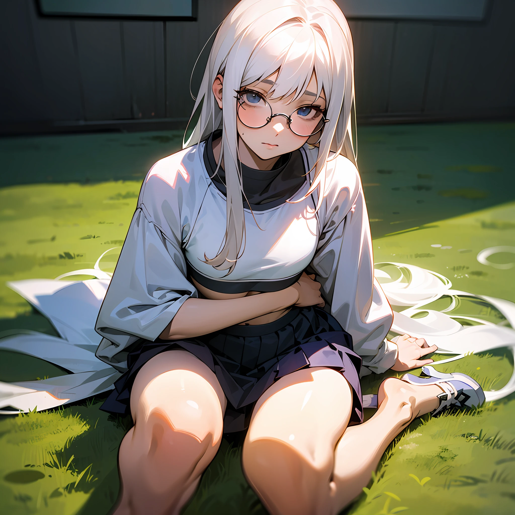 Anime girl sitting on the ground，Mobile phone in hand, Surrealism female students, White-haired woman, Fine details. Girl front, Surrealism female students, Realistic schoolgirl, light novel cover art, Beautiful Anime High School Girls, white haired Cangcang, the anime girl is crouching,Shy,Small chest 1.9,Wearing a white sports bra with a bear cub,With round-rimmed glasses,The skirt lifted --auto