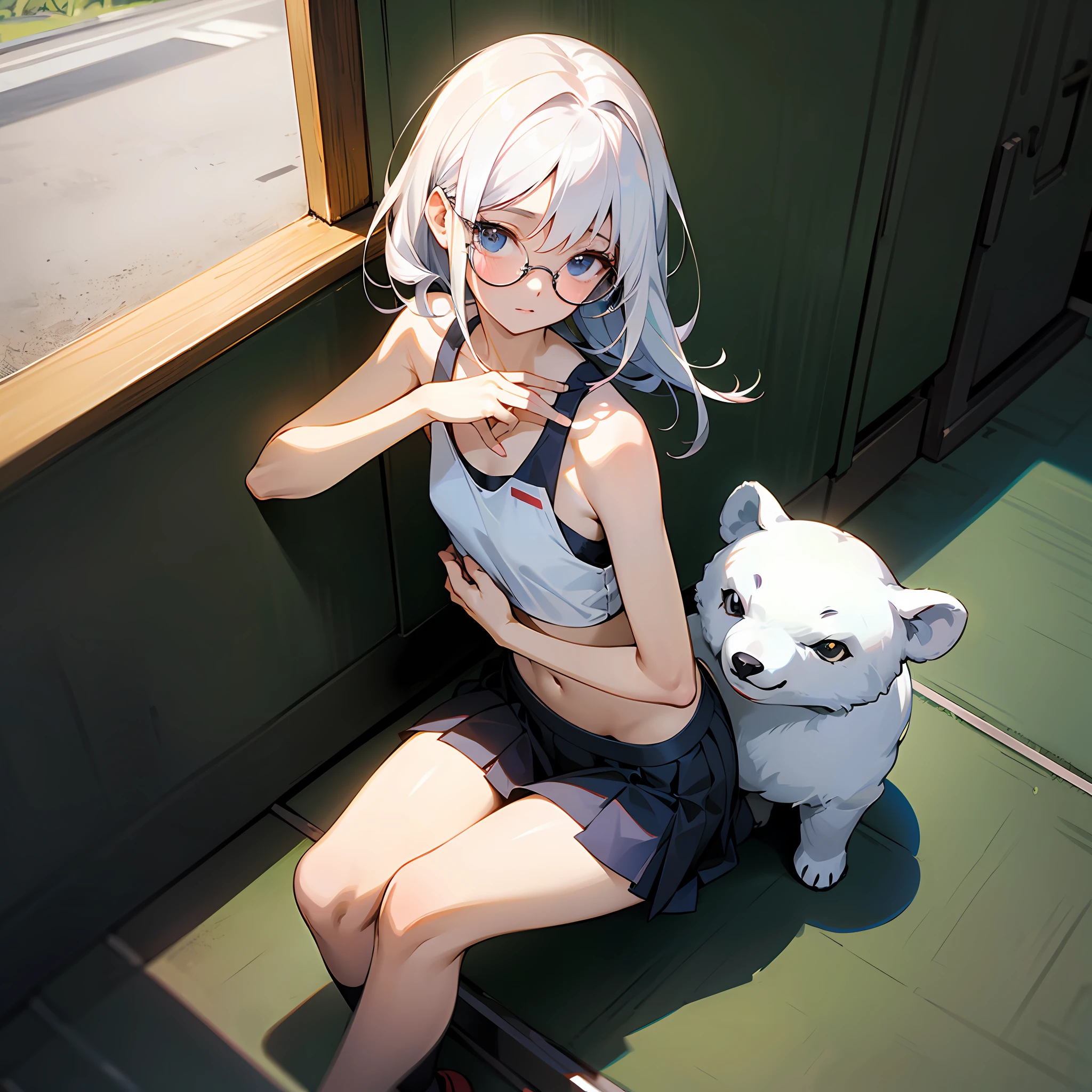 Anime girl sitting on the ground，Mobile phone in hand, Surrealism female students, White-haired woman, Fine details. Girl front, Surrealism female students, Realistic schoolgirl, light novel cover art, Beautiful Anime High School Girls, white haired Cangcang, the anime girl is crouching,Shy,Small chest 1.9,Wearing a white sports bra with a bear cub,With round-rimmed glasses,The skirt lifted --auto