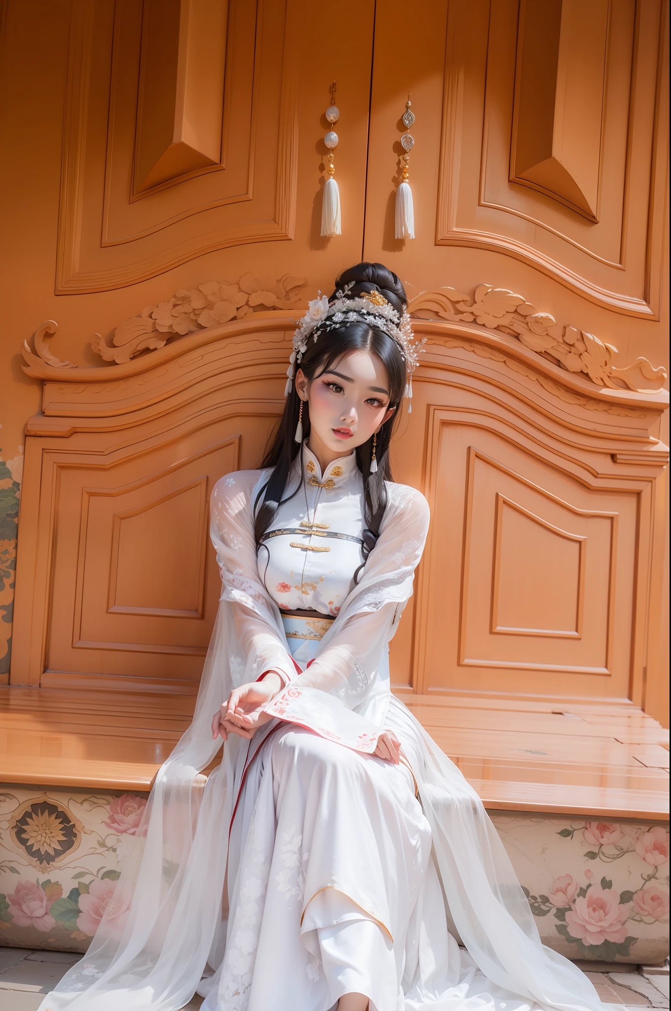 An Arelariani woman in a white dress and tie sits on a bench, Palace , A girl in Hanfu, White Hanfu, Chinese costume, Wearing Gorgeous Costume, China Princess, Traditional Chinese clothing, with acient chinese clothes, Chinese traditional, traditional garb, Cheongsam, wearing ornate silk clothes, Chinese girl, traditionalcostumes