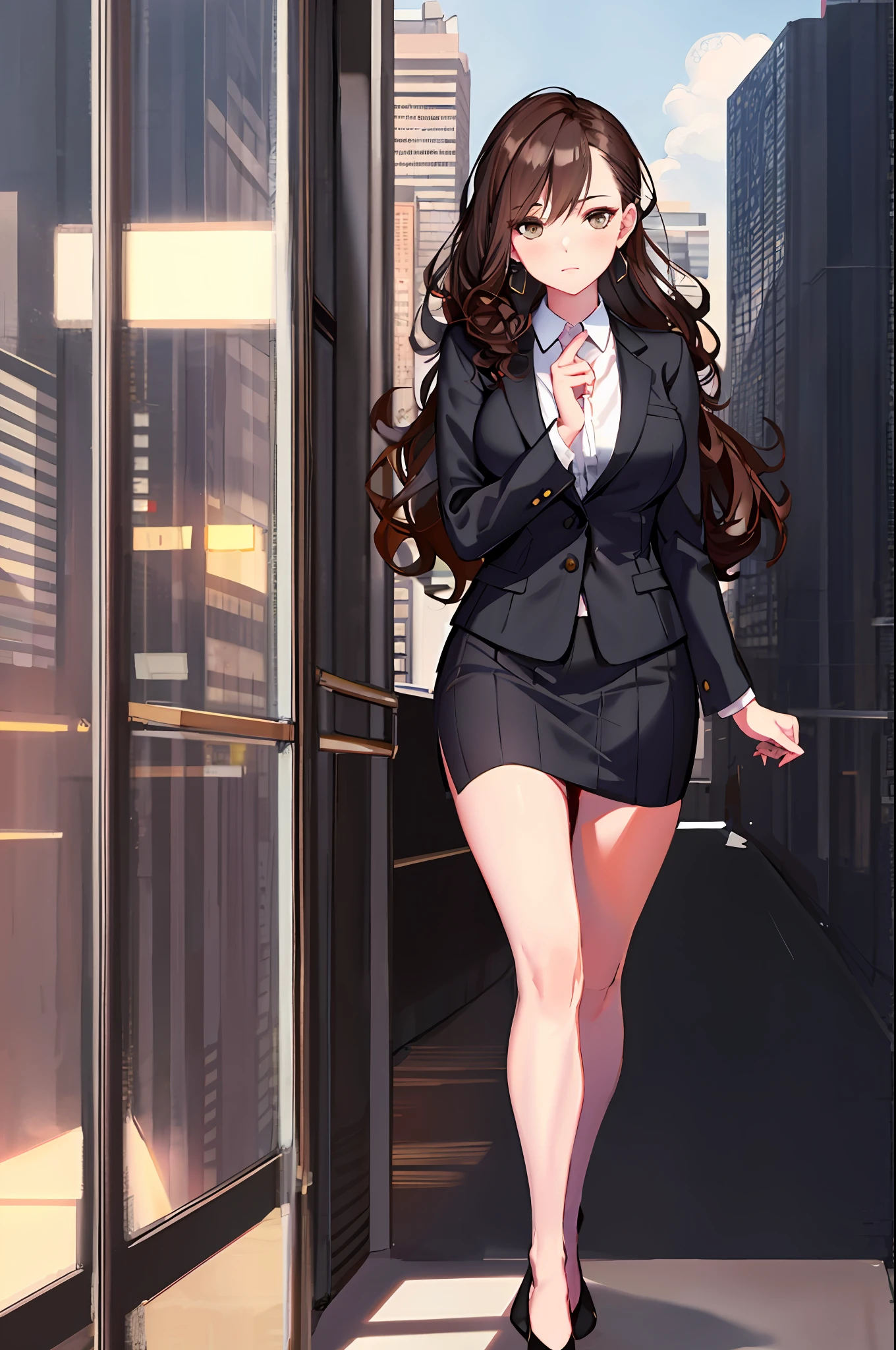 CharlotteCarmen, long hair, brown hair, curly hair, hazel eyes, woman, Entrepreneur, skirt suit, skyscraper, urban landscape, Annie Leibovitz, business portrait, confident, powerful, determined, ambitious, successful, influential, charismatic, captivating, stunning, beautiful.