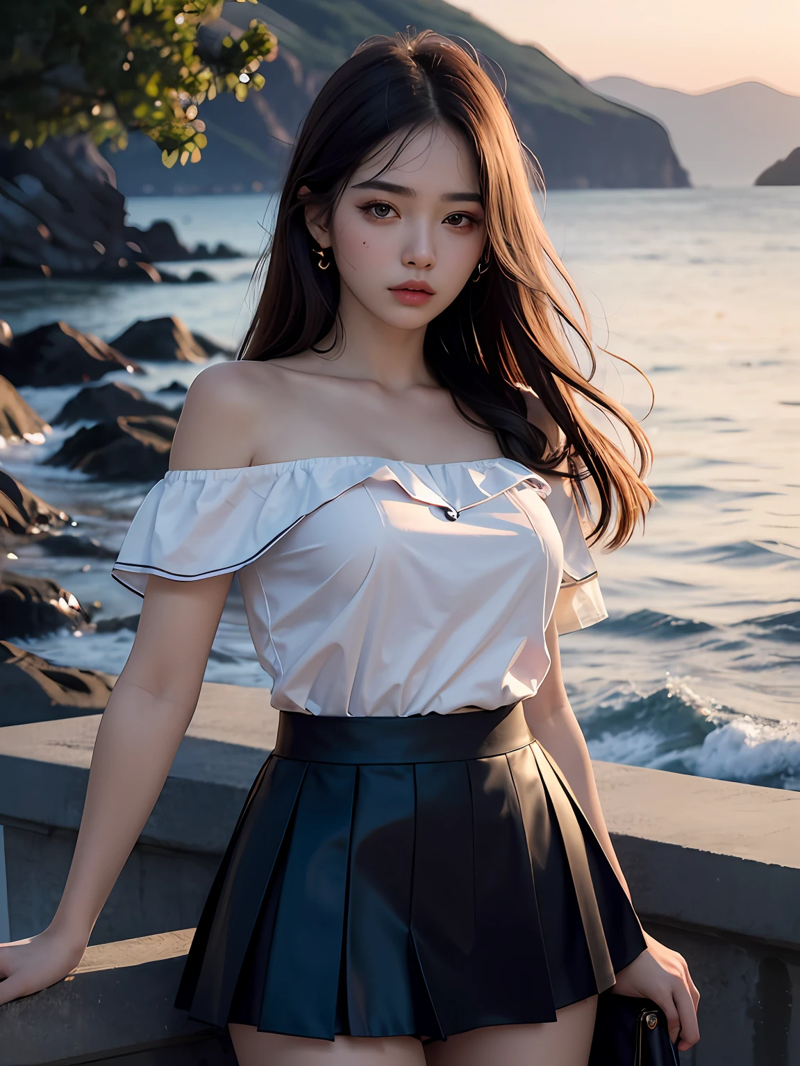 Best quality, masterpiece, ultra high res, (photorealistic:1), 1girl, offshoulder, deep shadow, detailed face, detailed eyes, shiny skin, sunset, zen, mandala, tangled skirt