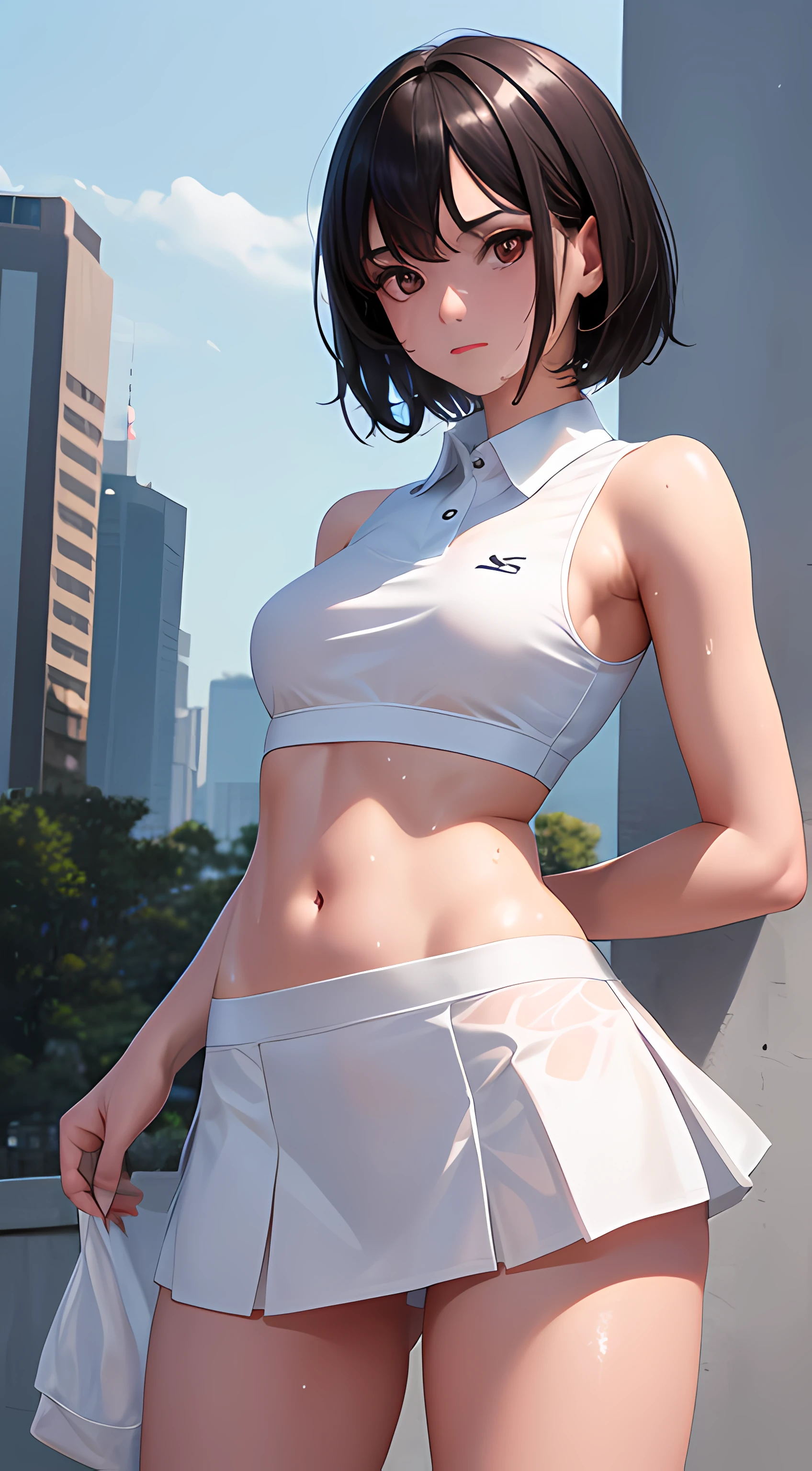 1girl, solo, white polo shirt, white sneakers, tennis wear, white miniskirt, masterpiece, best quality, realistic, hyper-detailed, (shiny skin, sweaty:1.4), absurd, looking at viewer, short black hair, brown eyes, slender, dynamic lighting, high resolution, sharp focus, depth of field, detailed eyes, sharp pupils, realistic pupils, (small breasts:1.6), (thick thighs:1.0), outdoor, sky
