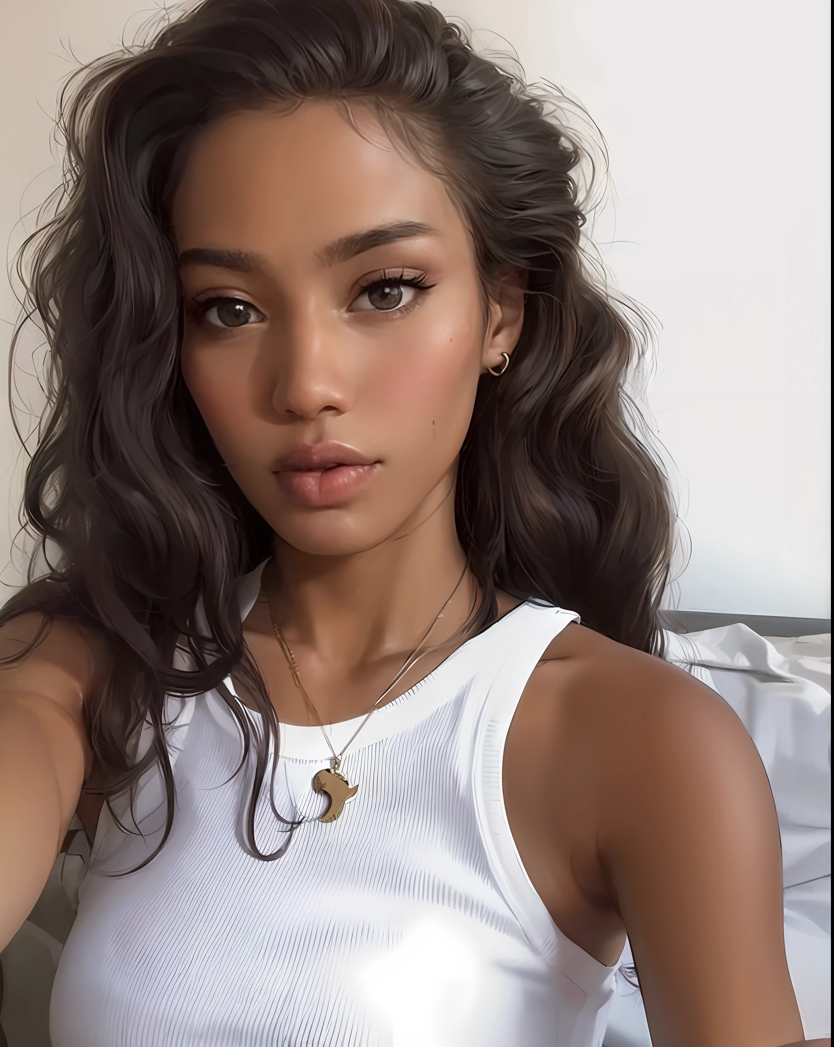 There is a woman sitting on the bed having，Wearing a necklace, she has olive brown skin, no makeup wavy hair, with brown skin, portrait sophie mudd, Olive Skin, with brown skin, indian girl with brown skin, flawless olive skin, INFP young woman, nomake-up, gorgeous latina face, sexy girl with dark complexion, Curly middle part hairstyle