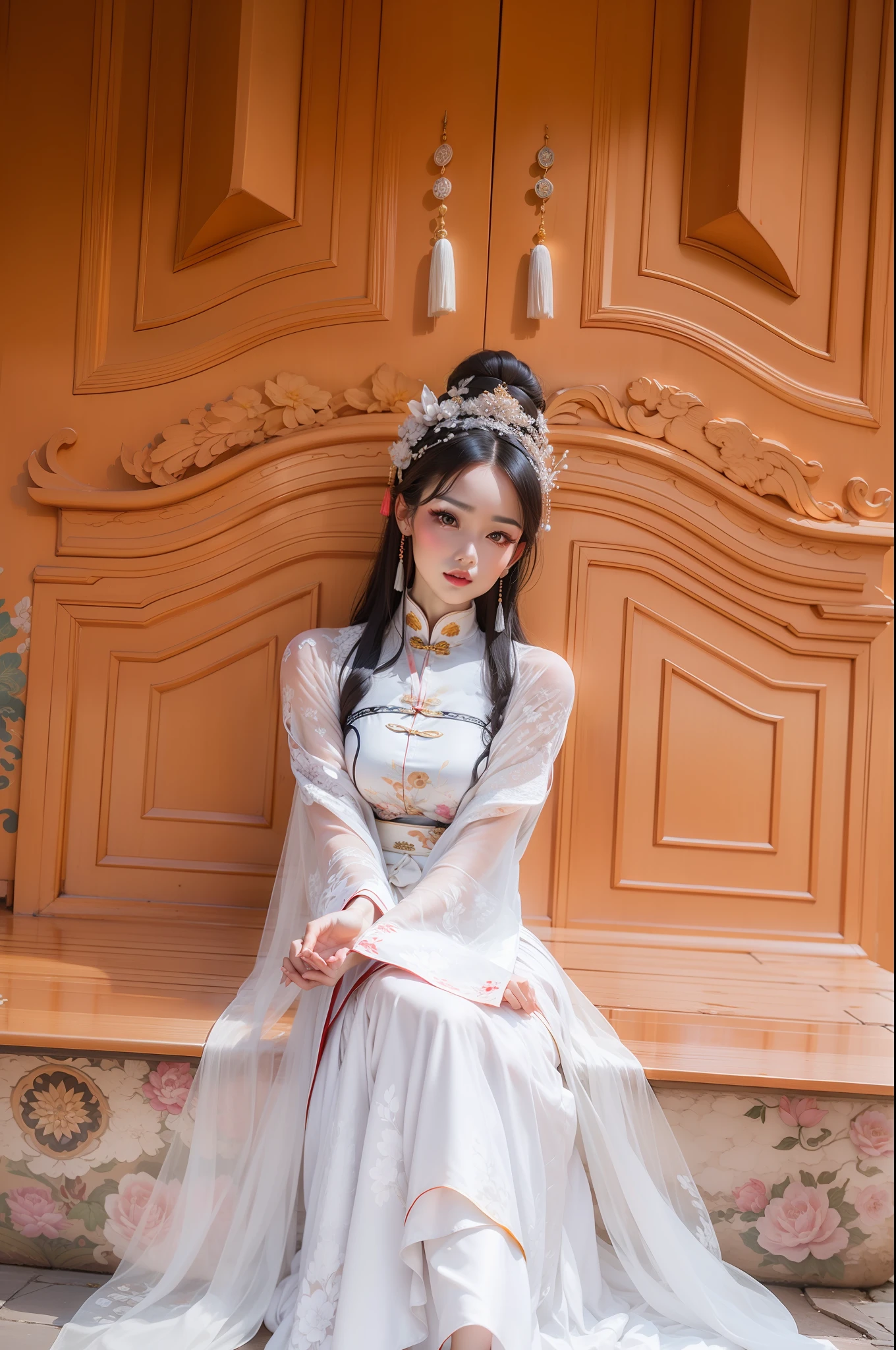 An Arelariani woman in a white dress and tie sits on a bench, Palace , A girl in Hanfu, White Hanfu, Chinese costume, Wearing Gorgeous Costume, China Princess, Traditional Chinese clothing, with acient chinese clothes, Chinese traditional, traditional garb, Cheongsam, wearing ornate silk clothes, Chinese girl, traditionalcostumes