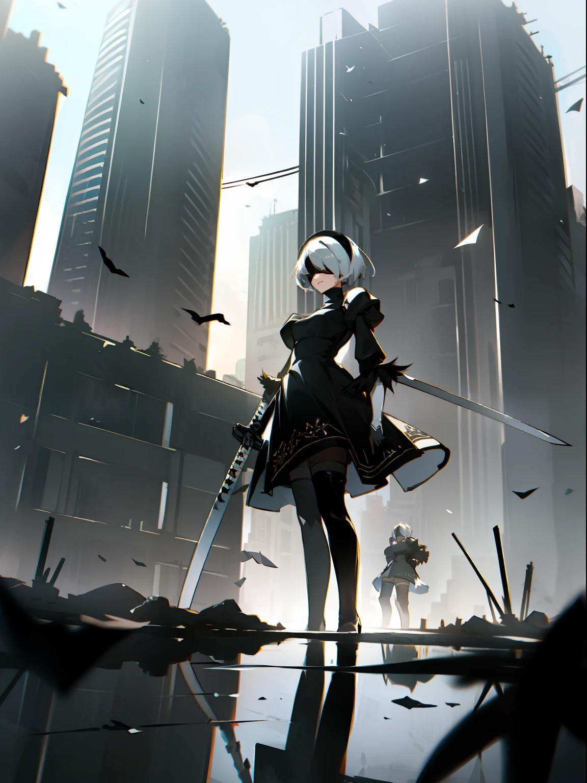 masterpiece, best quality, detailed face, extremely detailed, yorha no. 2 type b, 1girl, solo, absurdres, 8k, black blindfold, black dress, black hairband, blindfold, eye highlights blue sky, boots, building, city, cloud, covered eyes, debris, dress, feather-trimmed sleeves, feather trim, from below, gloves, grass, hairband, high heel boots, high heels, highres, juliet sleeves, katana, leather, leather boots, long sleeves, nier \(series\), nier automata, outdoors, overgrown, pod \(nier automata\), post-apocalypse, puddle, puffy sleeves, rubble, ruins, scenery, sky, thigh boots, thighhighs, thighhighs under boots, water