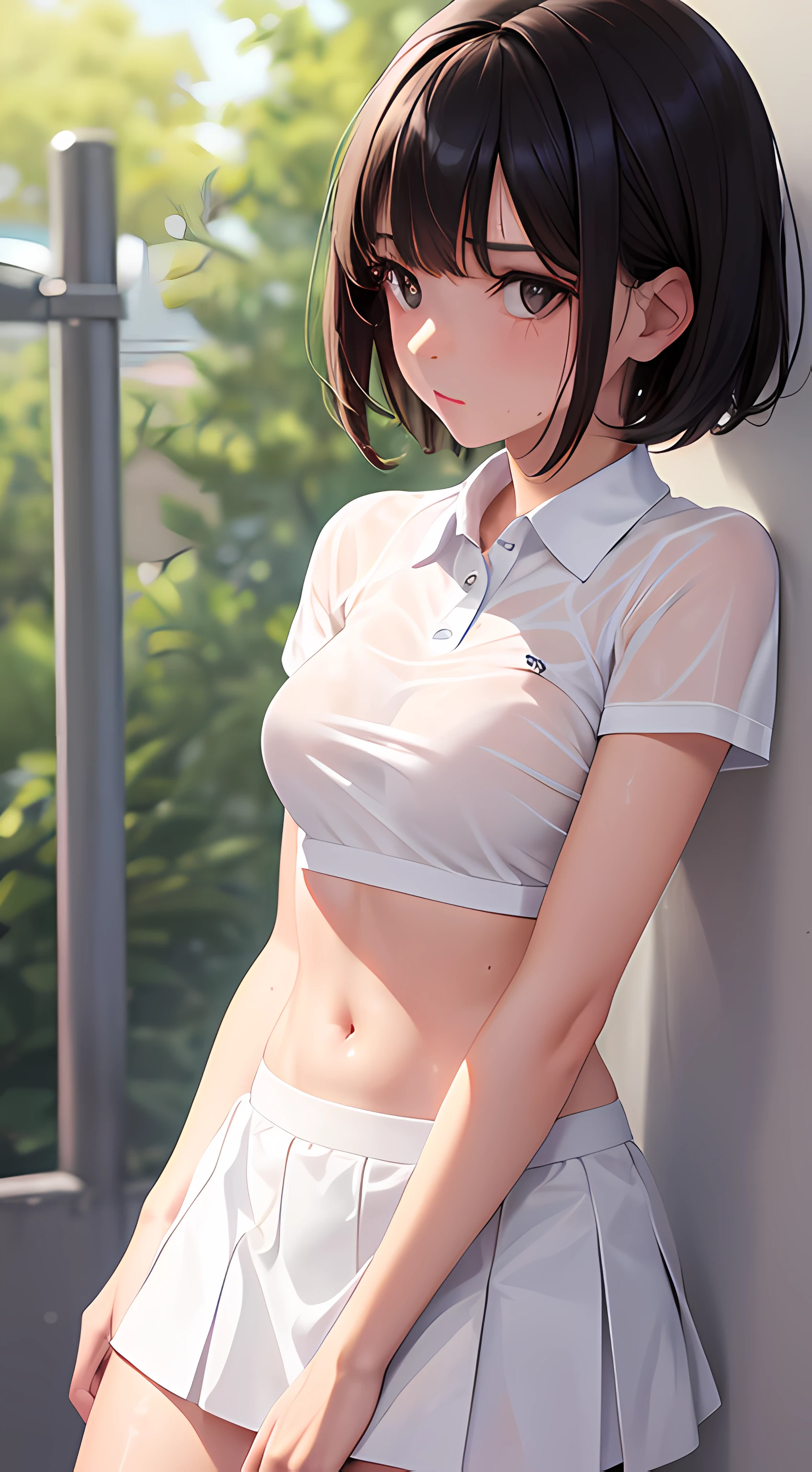 1girl, solo, white polo shirt, white sneakers, tennis wear, white miniskirt, masterpiece, best quality, realistic, hyper-detailed, (shiny skin, sweaty:1.4), absurd, looking at viewer, short black hair, brown eyes, slender, dynamic lighting, high resolution, sharp focus, depth of field, detailed eyes, sharp pupils, realistic pupils, (small breasts:1.6), (thick thighs:1.0), outdoor, sky