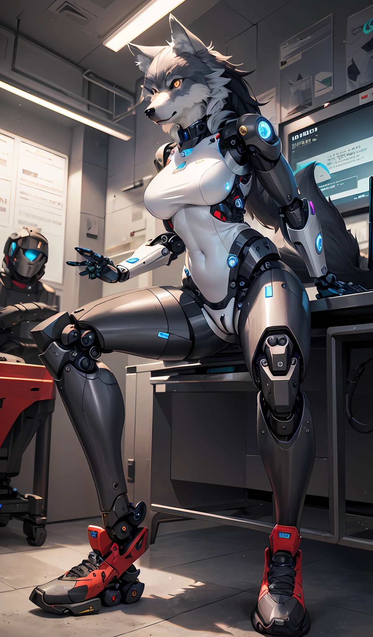 (((Wolf face))),((komono)),(((Furry))),Mechanical Wolf Girl，Made of metal，（cyborg people：1.1），（[coda|Line of detail]：1.3），（complexdetails），hdr，（complexdetails，Hyper-detailing：1.2），cinema shot，tmasterpiece，best qualtiy，A high resolution，Vaginal foreign body penetration，at centre，(Vaginal foreign body：1.5)，Vaginal insertion of a foreign body，Whole body metal，Robot feet，((Mechanical sneakers))， Robot private parts，Tight underwear，(robotjoints)，(Robot briefs)，Cool robot feet，(Robotic footwear)，((Robotic footwear)) --auto