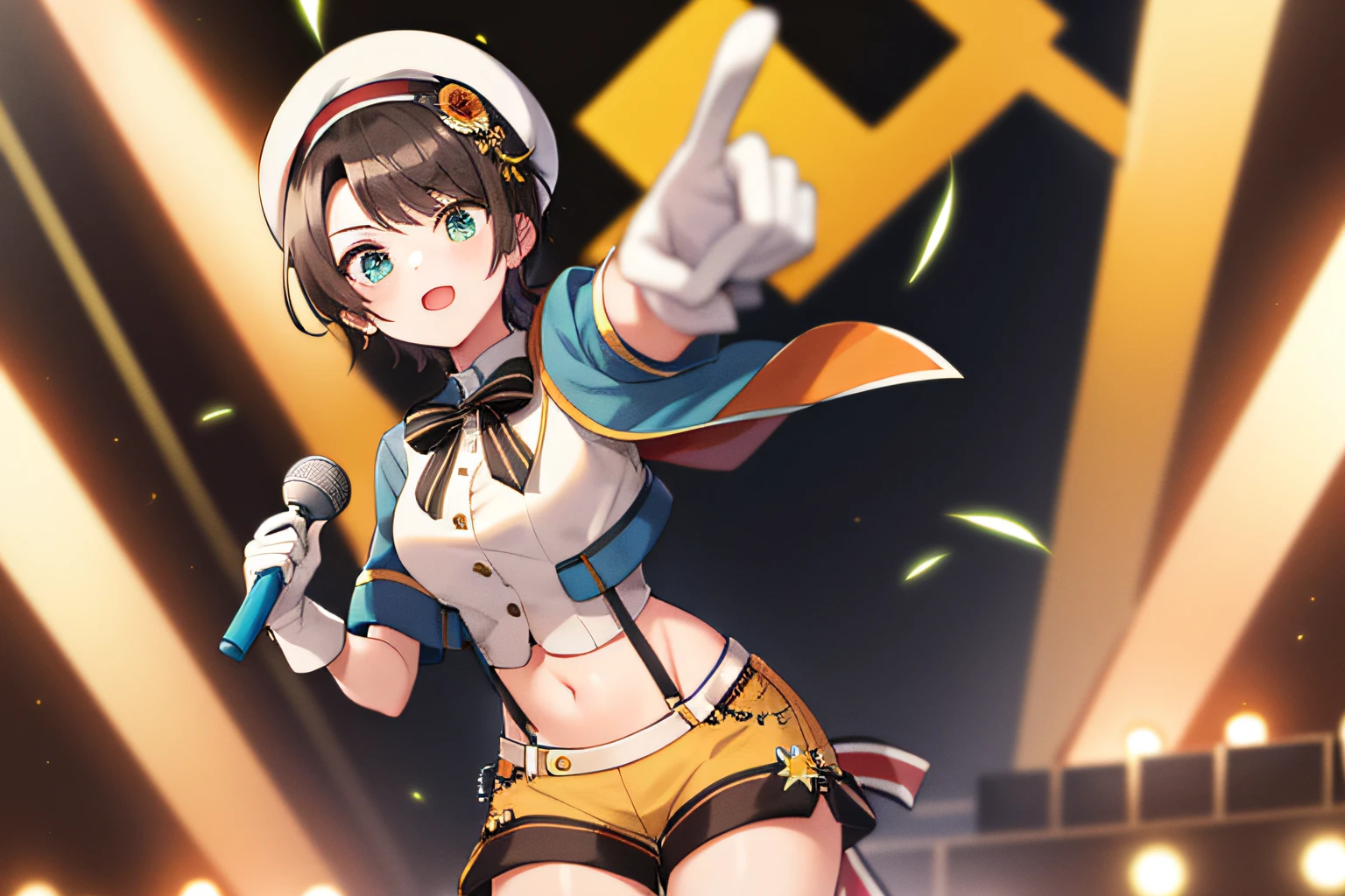 2D, masterpiece, top-quality, animesque, ighly detailed, Highly detailed, Full body, 1girl in, Solo, Subaru_Superstar, Orange jacket, White Gloves, Midriff, Black Suspender Shorts, waist cape, White cap, White leggings, striped bowtie, Sunflower hair ornament, Dynamic Pose, stage, orange lights, One Eye