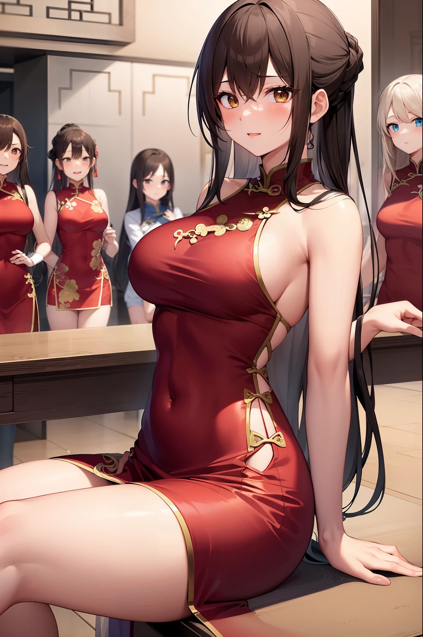 10girls,long hair, brown hair, curly hair, hazel eyes,chinese dress,sexy,