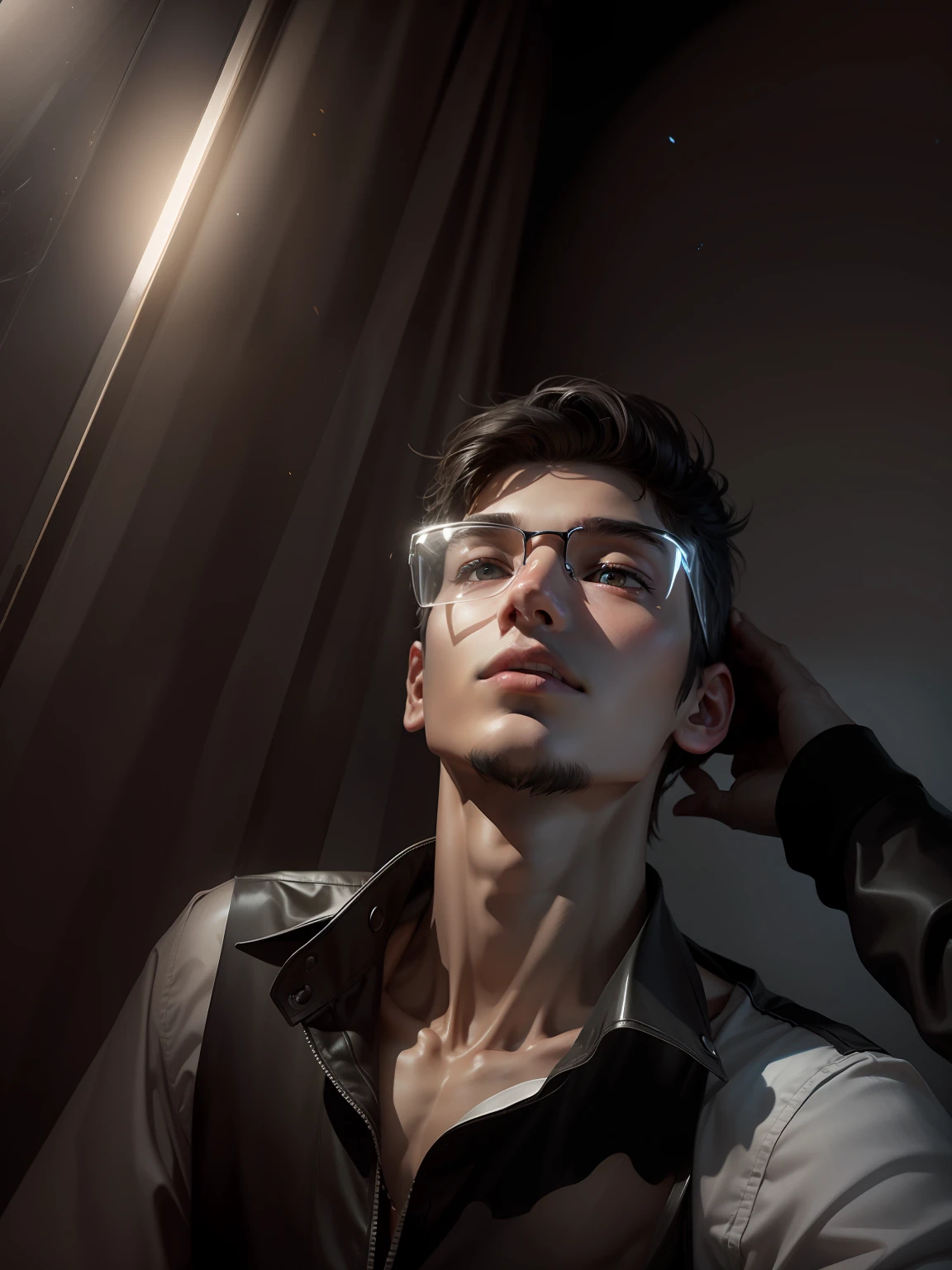 realistic, skinny body, boy ,keep face same, glass style same, make background dark black, dim light --auto