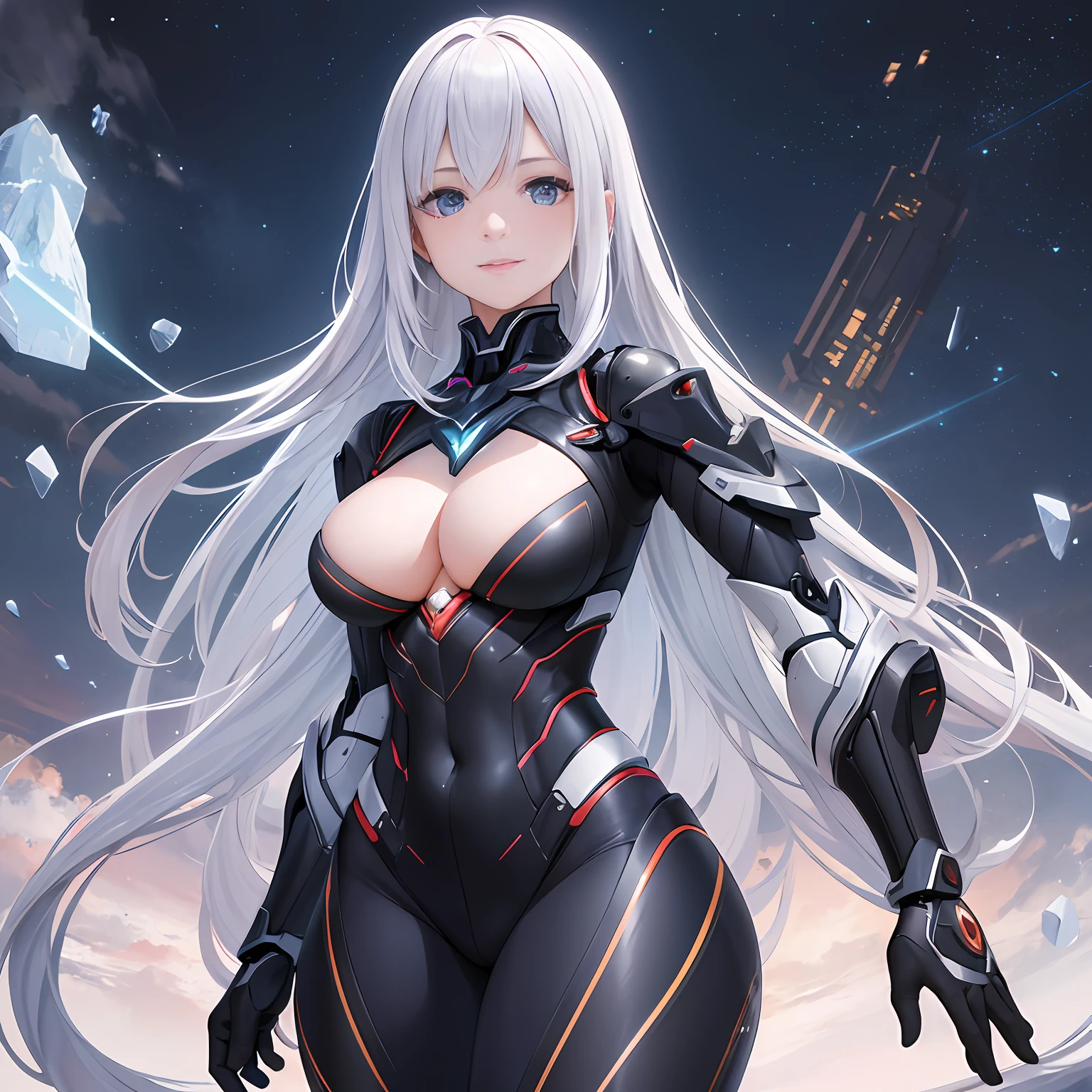 realistic illumination，best qualtiy、tmasterpiece、超高分辨率，verism style，cold light，Realistic lighting，RAW photogr，fully body photo，A world full of technology and magic，the night，1girll，Magic Tech Mech，facing at the camera，Long white hair smiling，delicated face，The body is curvy，Perfect anatomical physique，Clear focus：1.2，Bigchest，detail-rich，standing on your feet，Mecha tights，Magic mech，high high quality，Hands are naturally open，Beautiful posture，Big robot behind it，magia，afloat，Top-down view