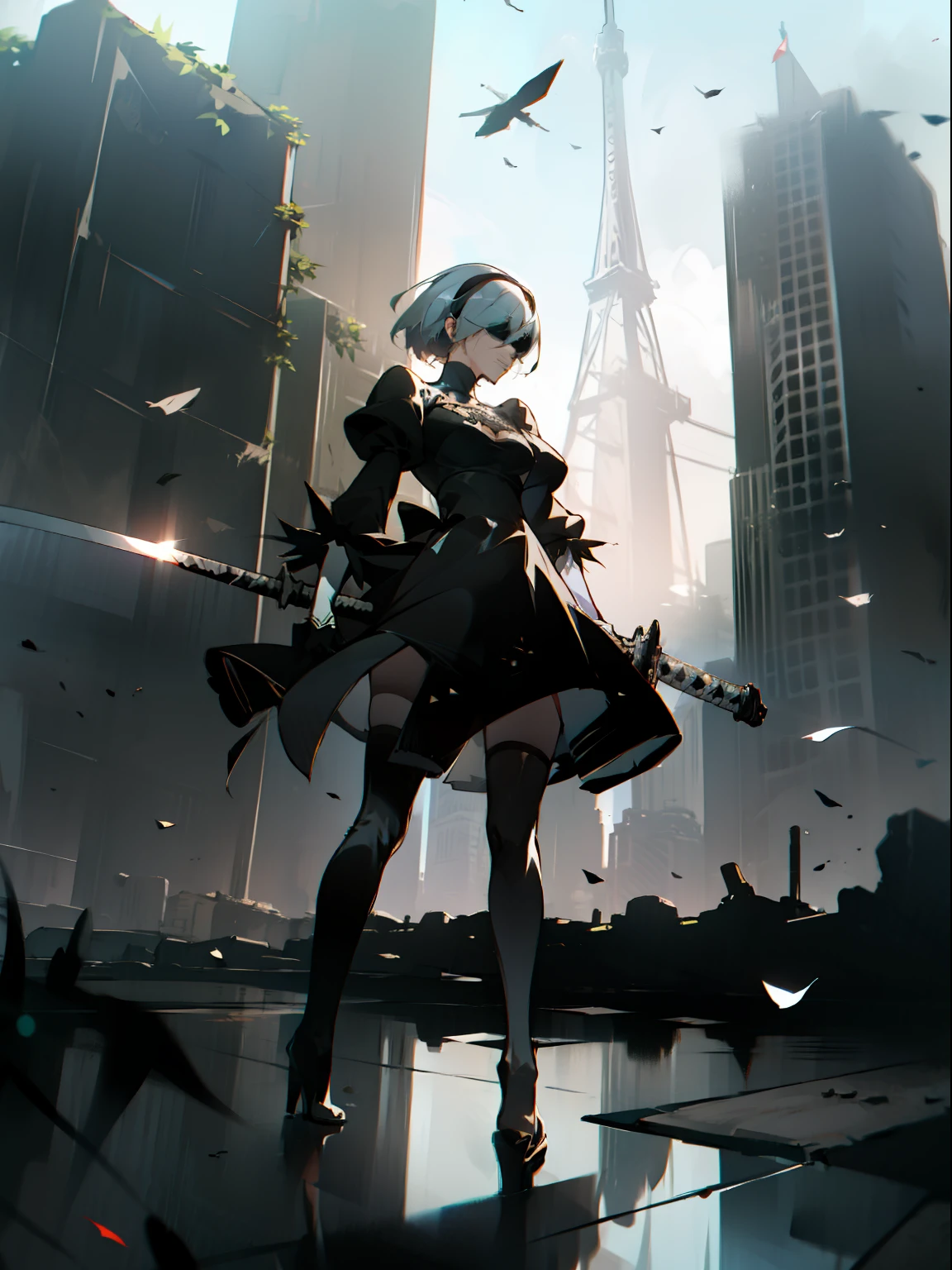 masterpiece, best quality, detailed face, extremely detailed, yorha no. 2 type b, 1girl, solo, absurdres, 8k, black blindfold, black dress, black hairband, blindfold, eye highlights blue sky, boots, building, city, cloud, covered eyes, debris, dress, feather-trimmed sleeves, feather trim, from below, gloves, grass, hairband, high heel boots, high heels, highres, juliet sleeves, katana, leather, leather boots, long sleeves, nier \(series\), nier automata, outdoors, overgrown, pod \(nier automata\), post-apocalypse, puddle, puffy sleeves, rubble, ruins, scenery, sky, thigh boots, thighhighs, thighhighs under boots, water