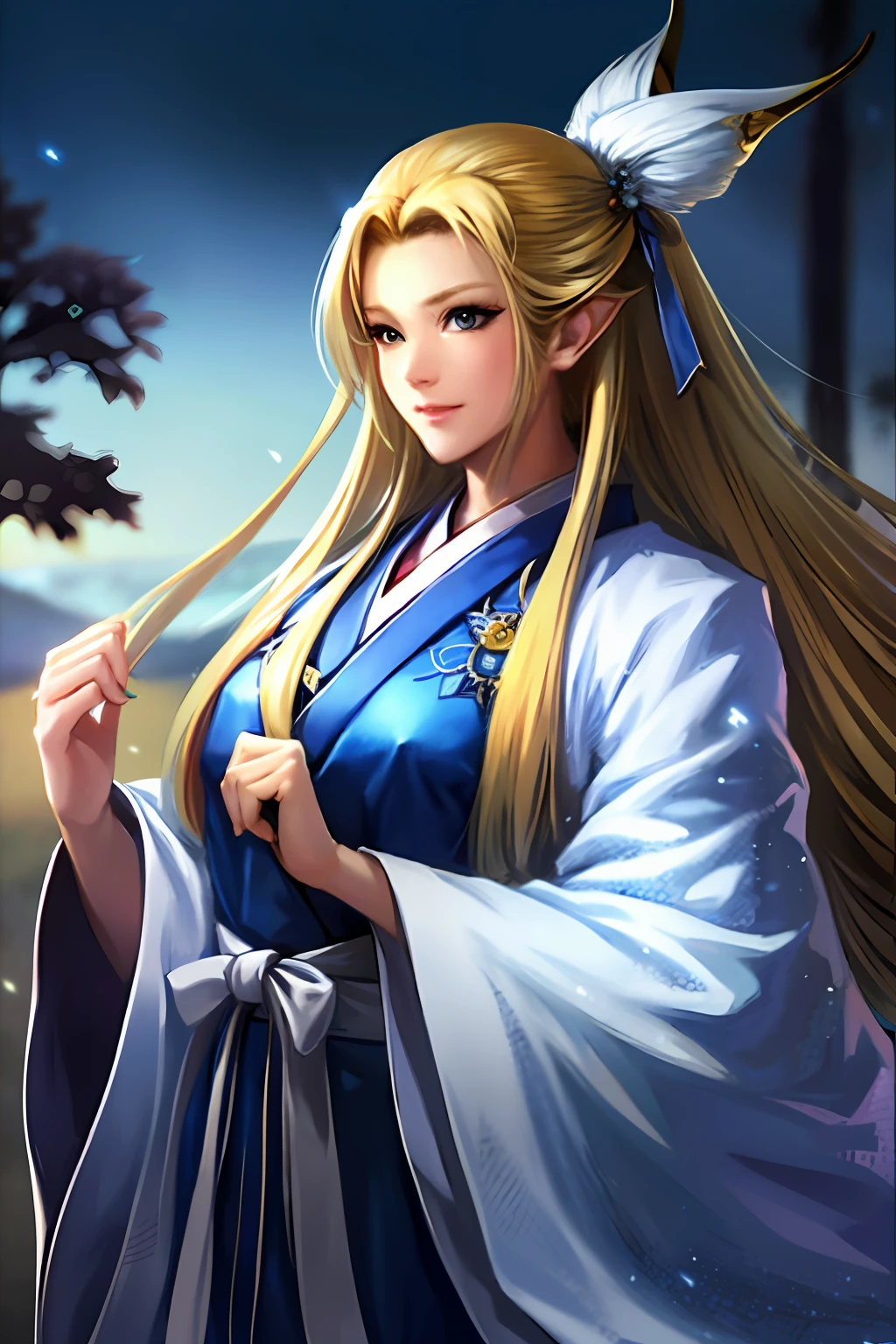 (in 8K、RAW Photos、top-quality、hight resolution:1.2)a beauty girl、独奏、elvish、a blond、blue eyes、de pele branca、beutiful breast、large full breasts、Blue and white kimono