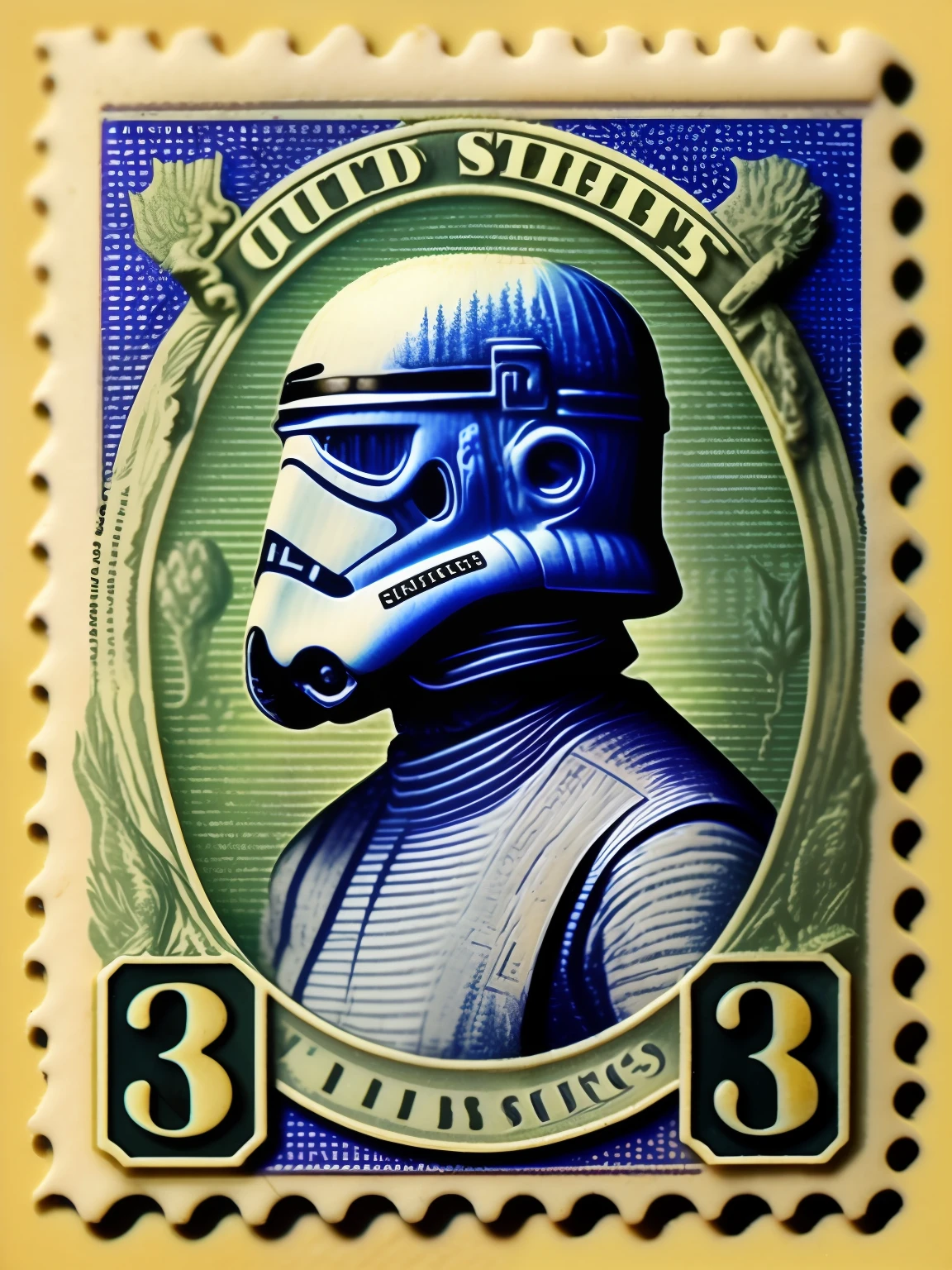 vintage United States Postage Stamp, 3 cent stamp, Stormtrooper full body, purple ink, line engraving, intaglio